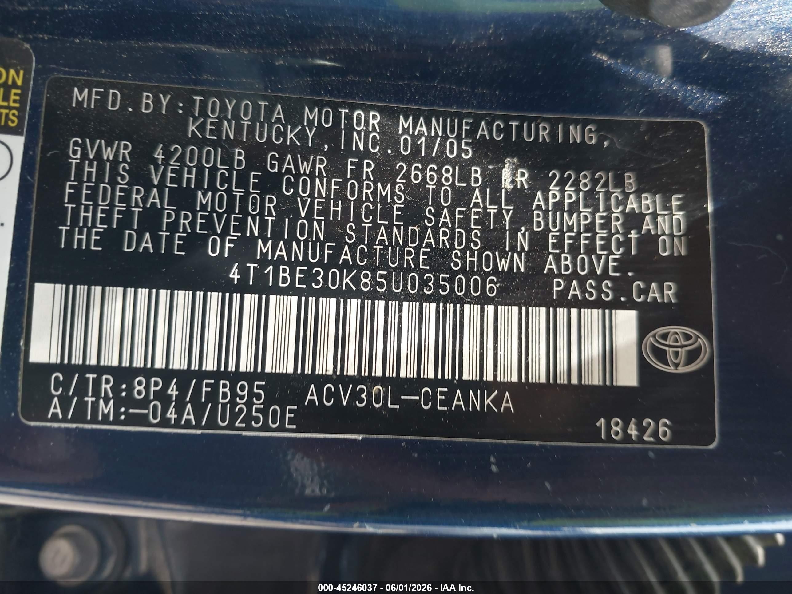 2005 Toyota Camry Le Blue vin: 4T1BE30K85U035006