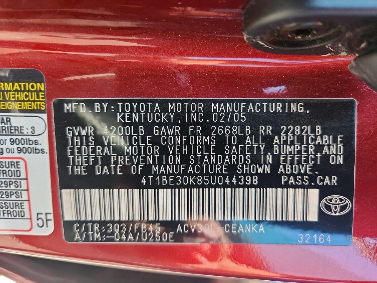 2005 Toyota Camry Le Burgundy vin: 4T1BE30K85U044398