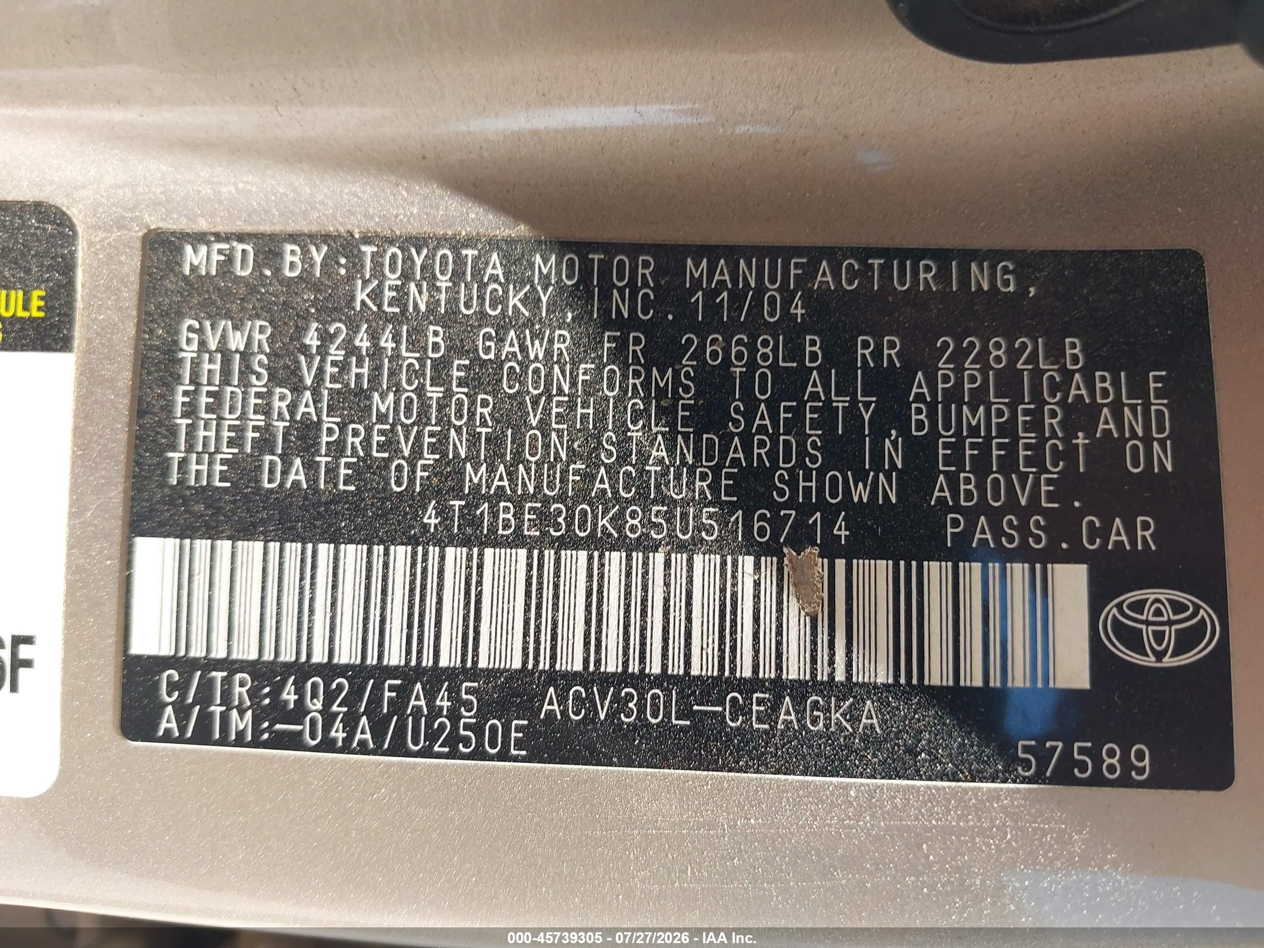 2005 Toyota Camry Xle Champagne vin: 4T1BE30K85U516714
