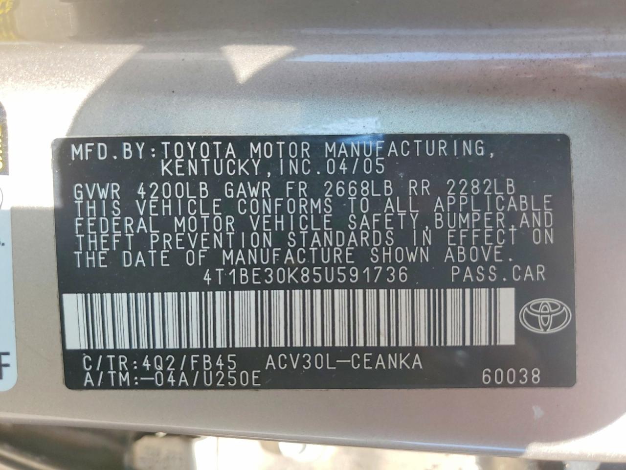 2005 Toyota Camry Le Tan vin: 4T1BE30K85U591736