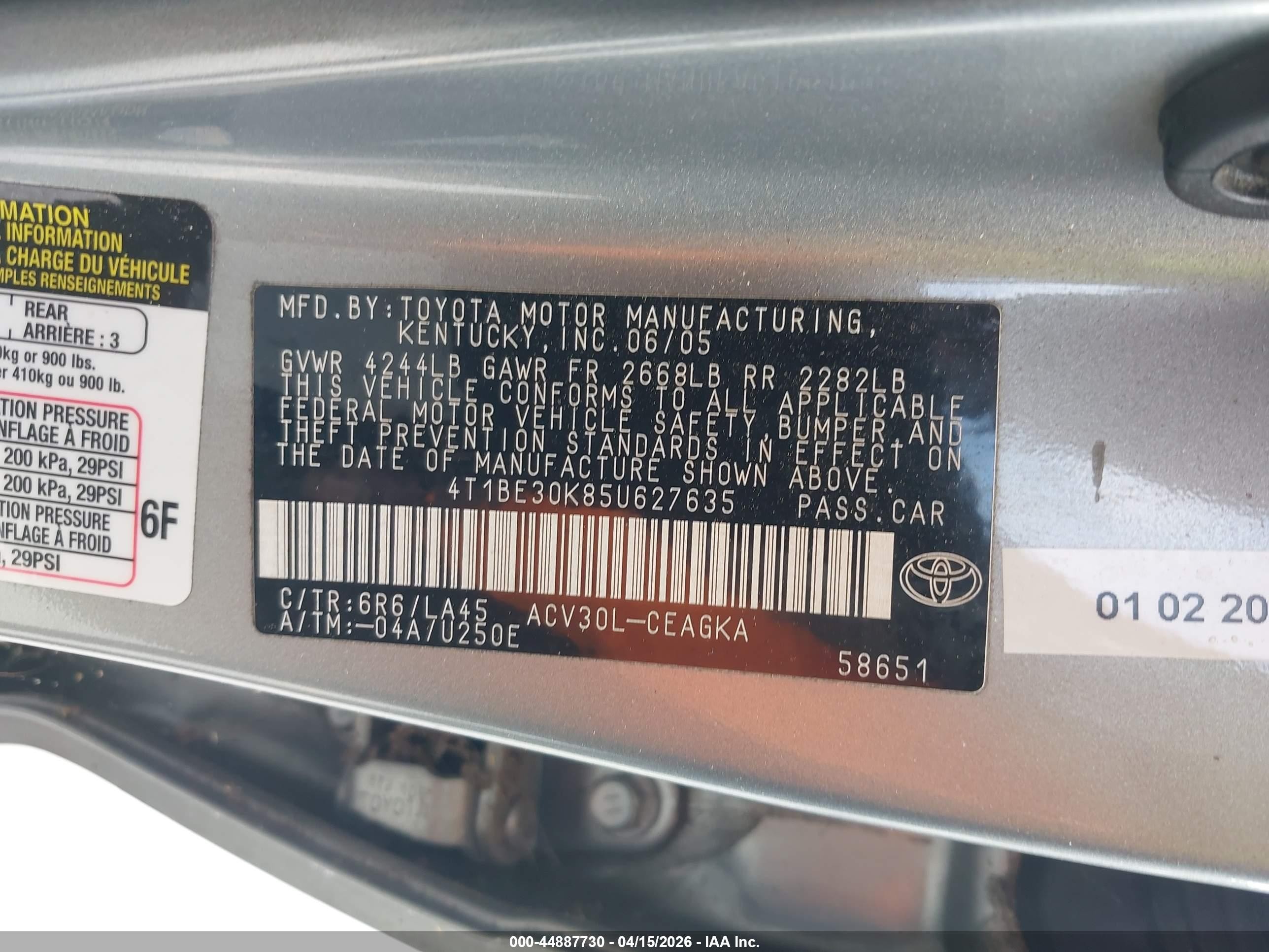 2005 Toyota Camry Xle Silver vin: 4T1BE30K85U627635