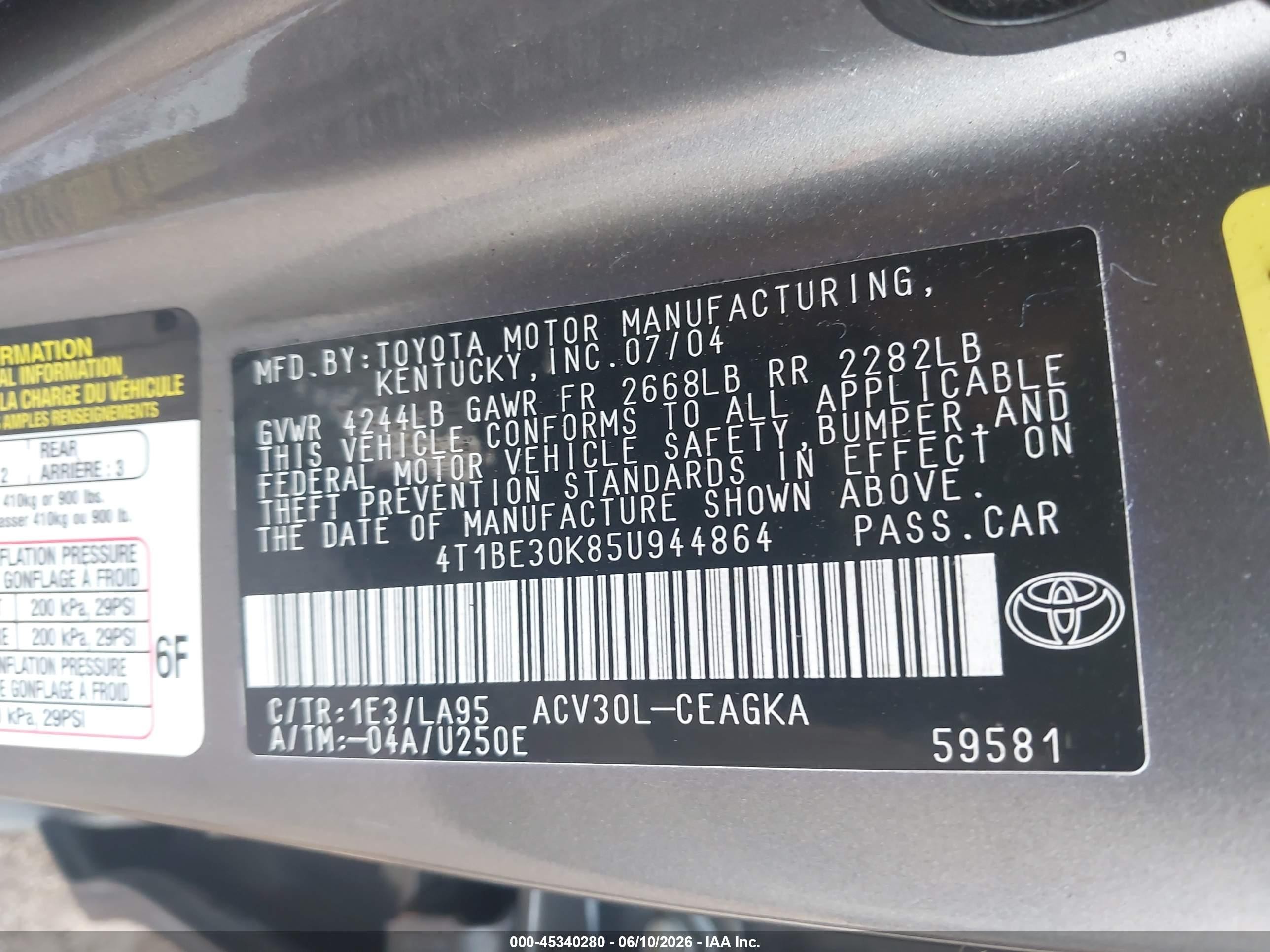 2005 Toyota Camry Xle Gray vin: 4T1BE30K85U944864