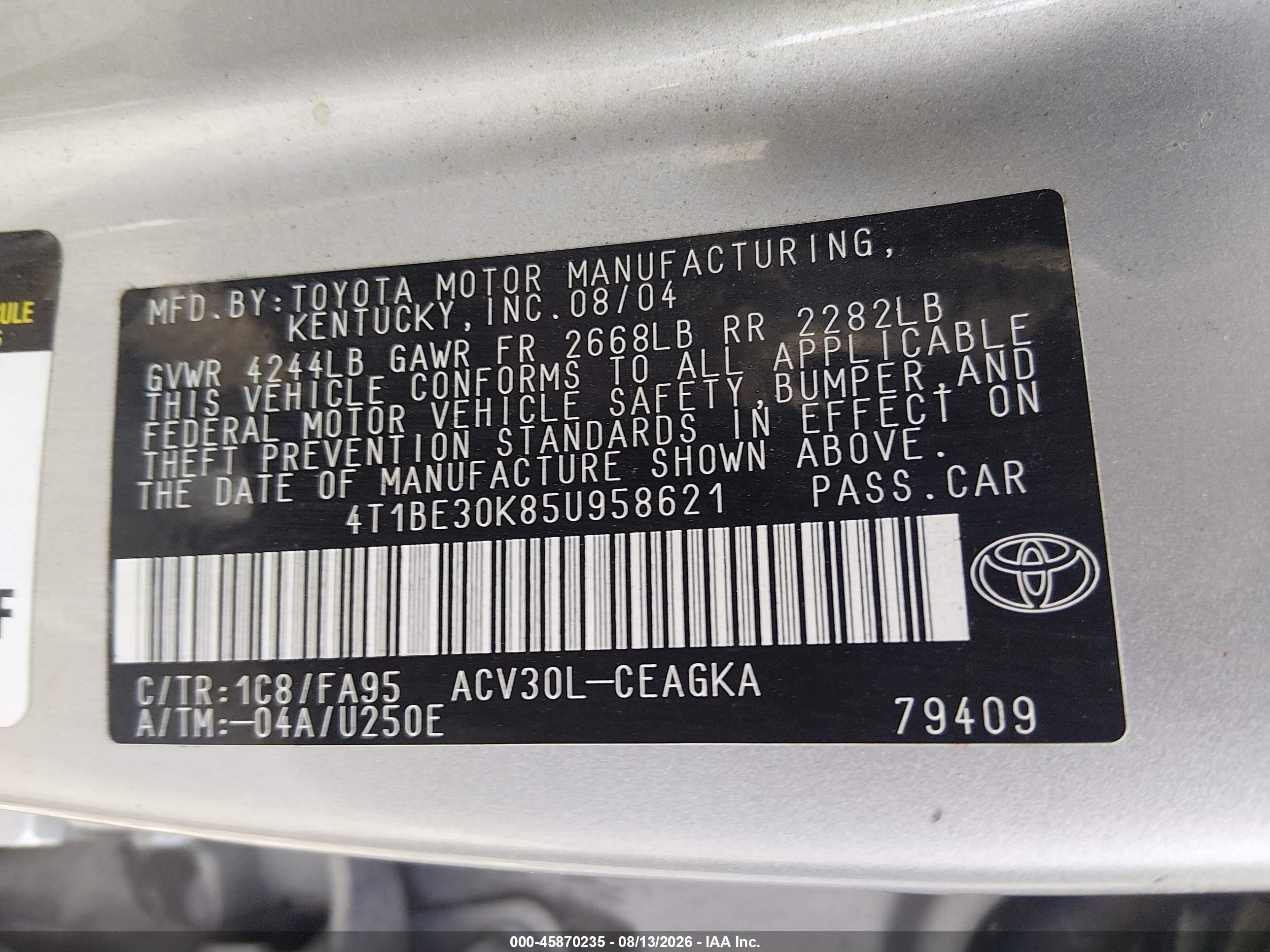 2005 Toyota Camry Xle Серебряный vin: 4T1BE30K85U958621