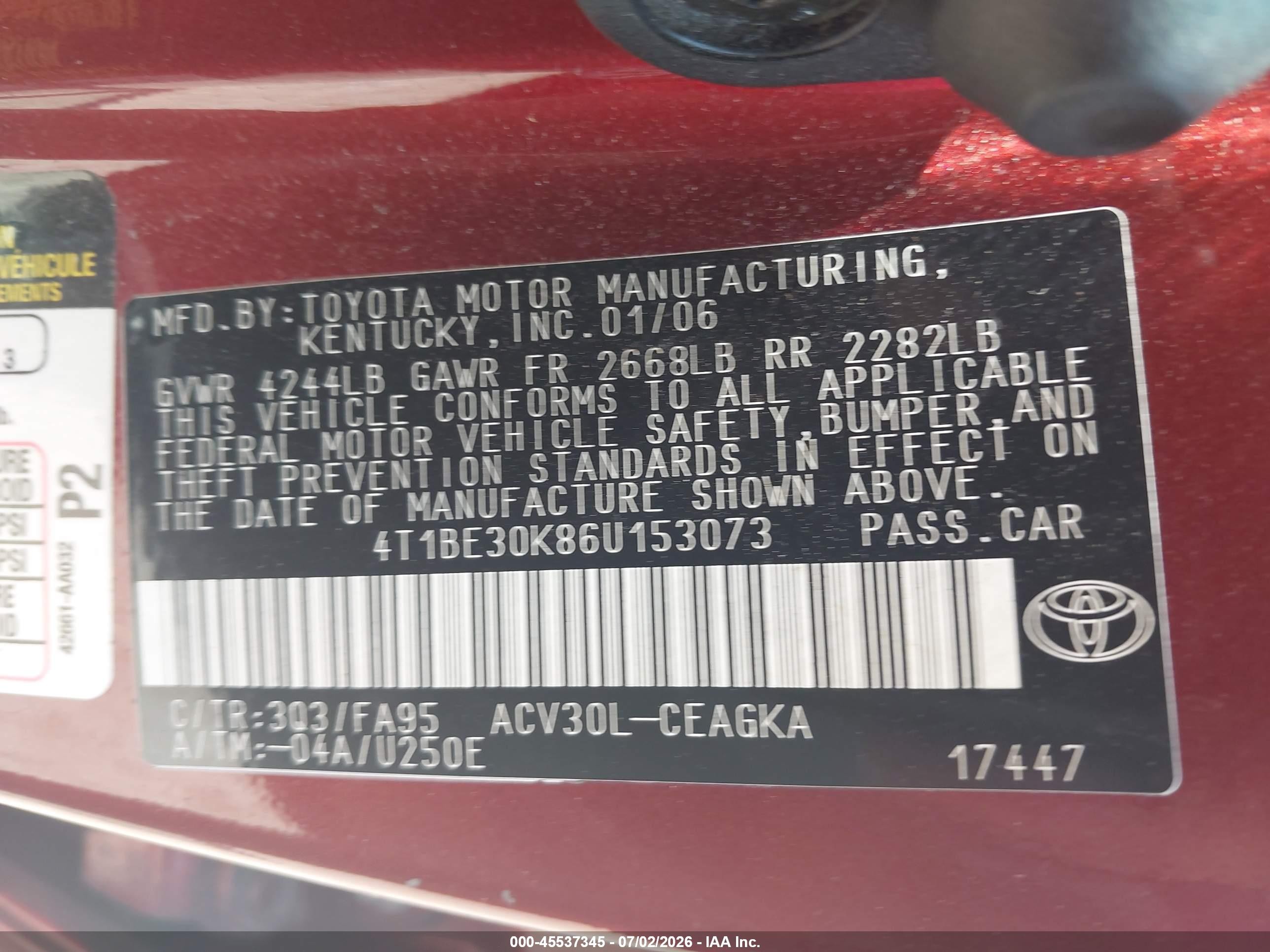 2006 Toyota Camry Xle Красный vin: 4T1BE30K86U153073