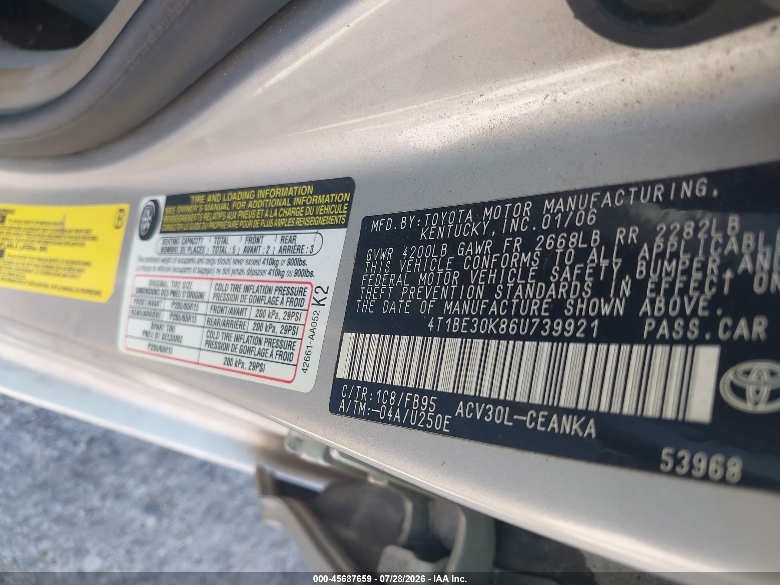 2006 Toyota Camry Le Beige vin: 4T1BE30K86U739921