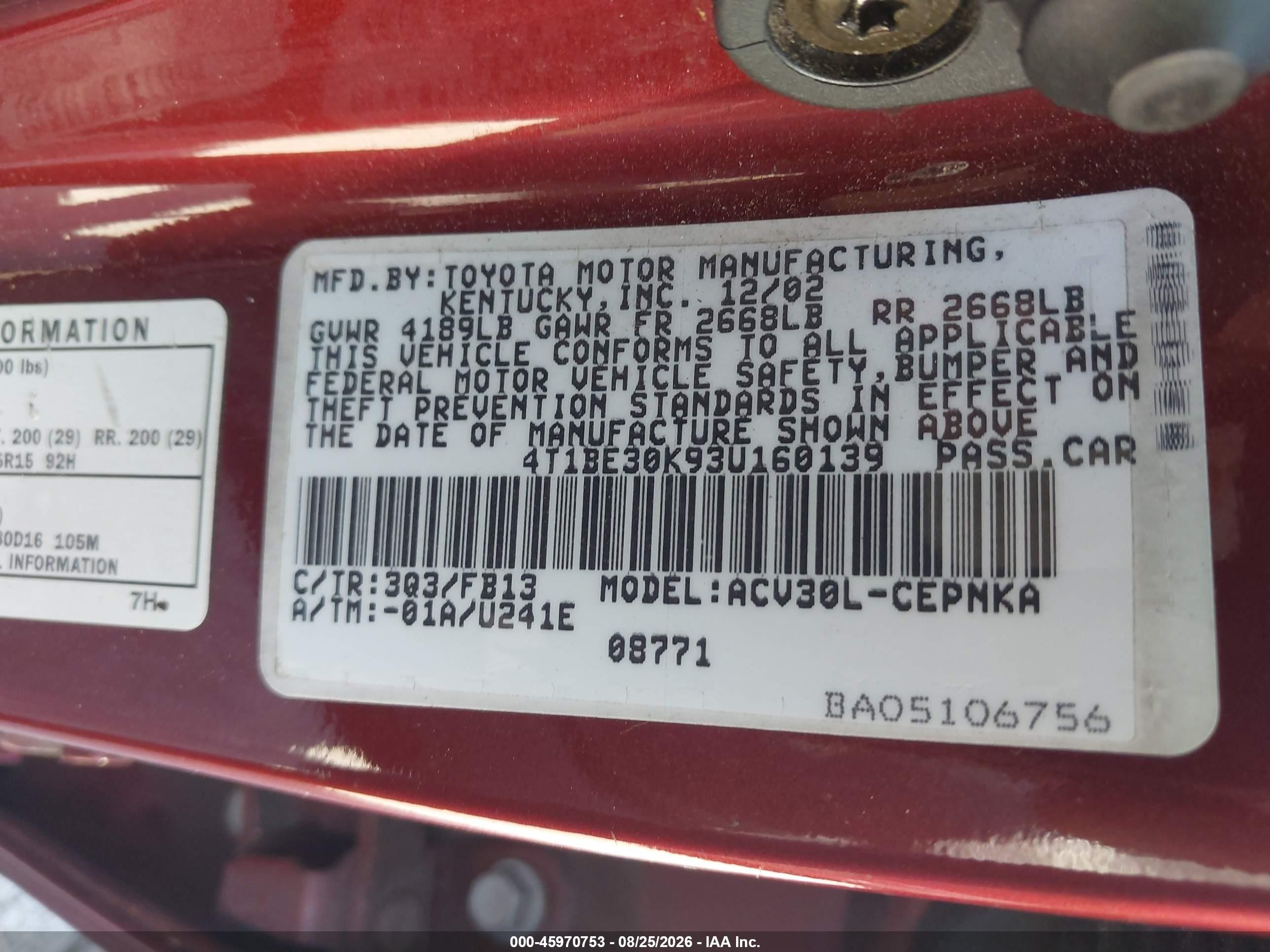 2003 Toyota Camry Le Red vin: 4T1BE30K93U160139