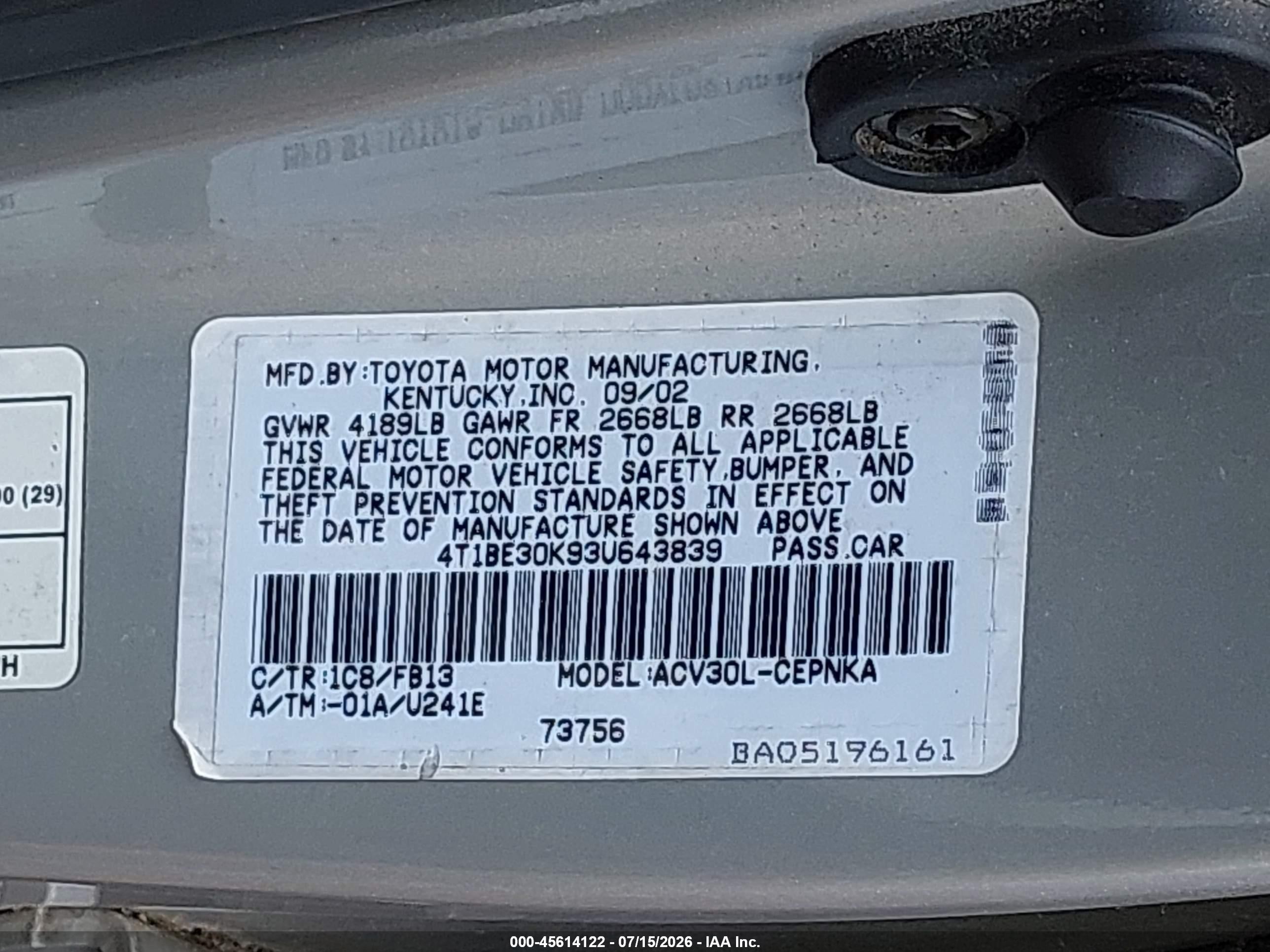 2003 Toyota Camry Le Silver vin: 4T1BE30K93U643839