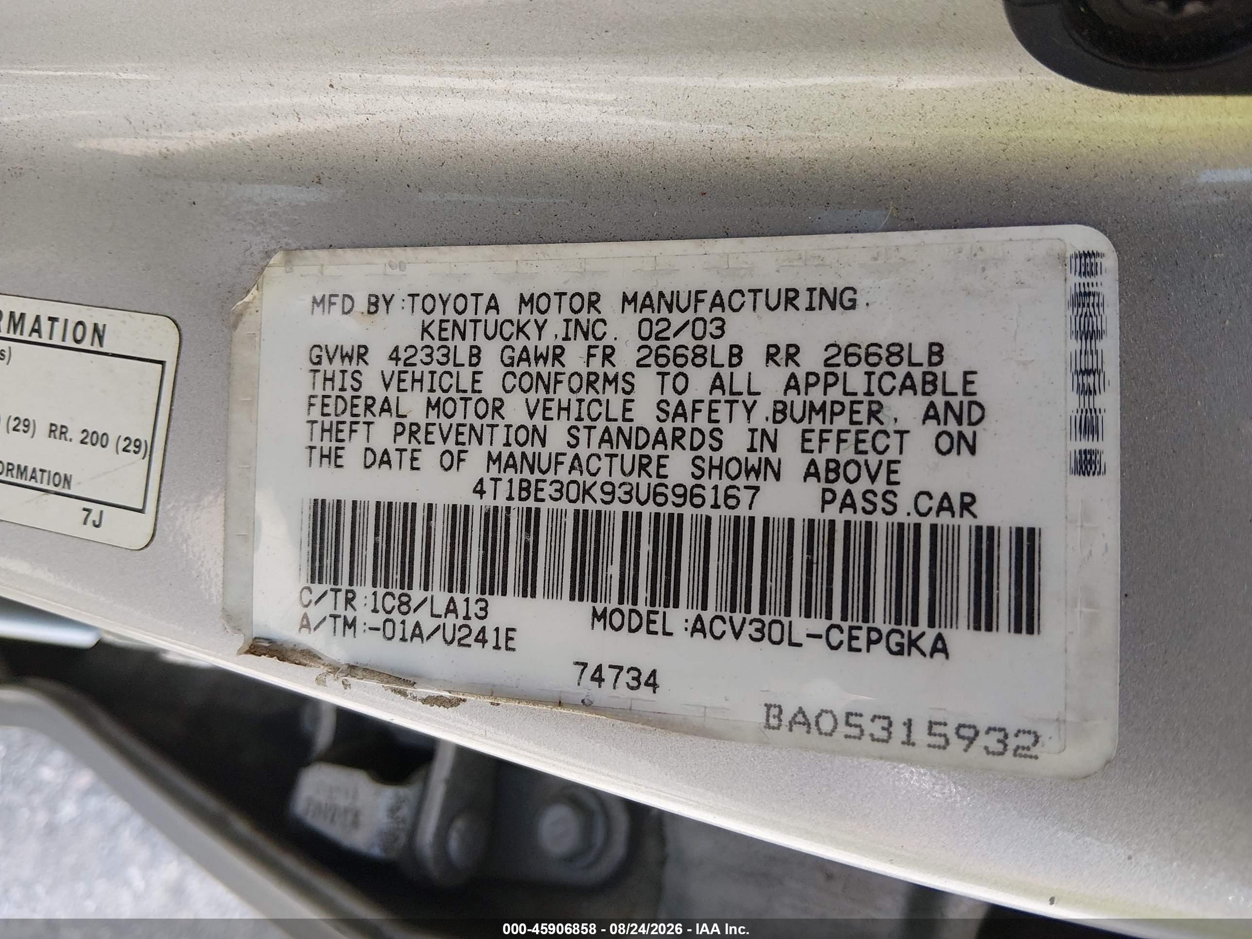 2003 Toyota Camry Xle Silver vin: 4T1BE30K93U696167