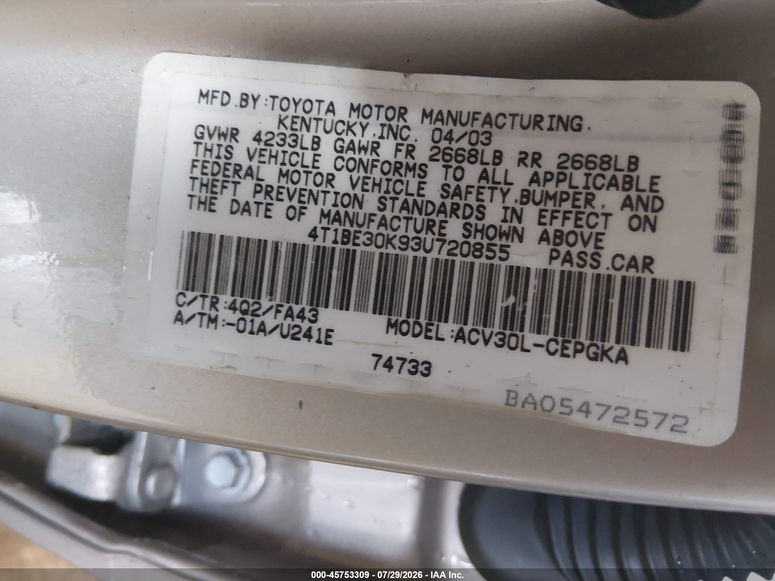 2003 Toyota Camry Xle Gold vin: 4T1BE30K93U720855