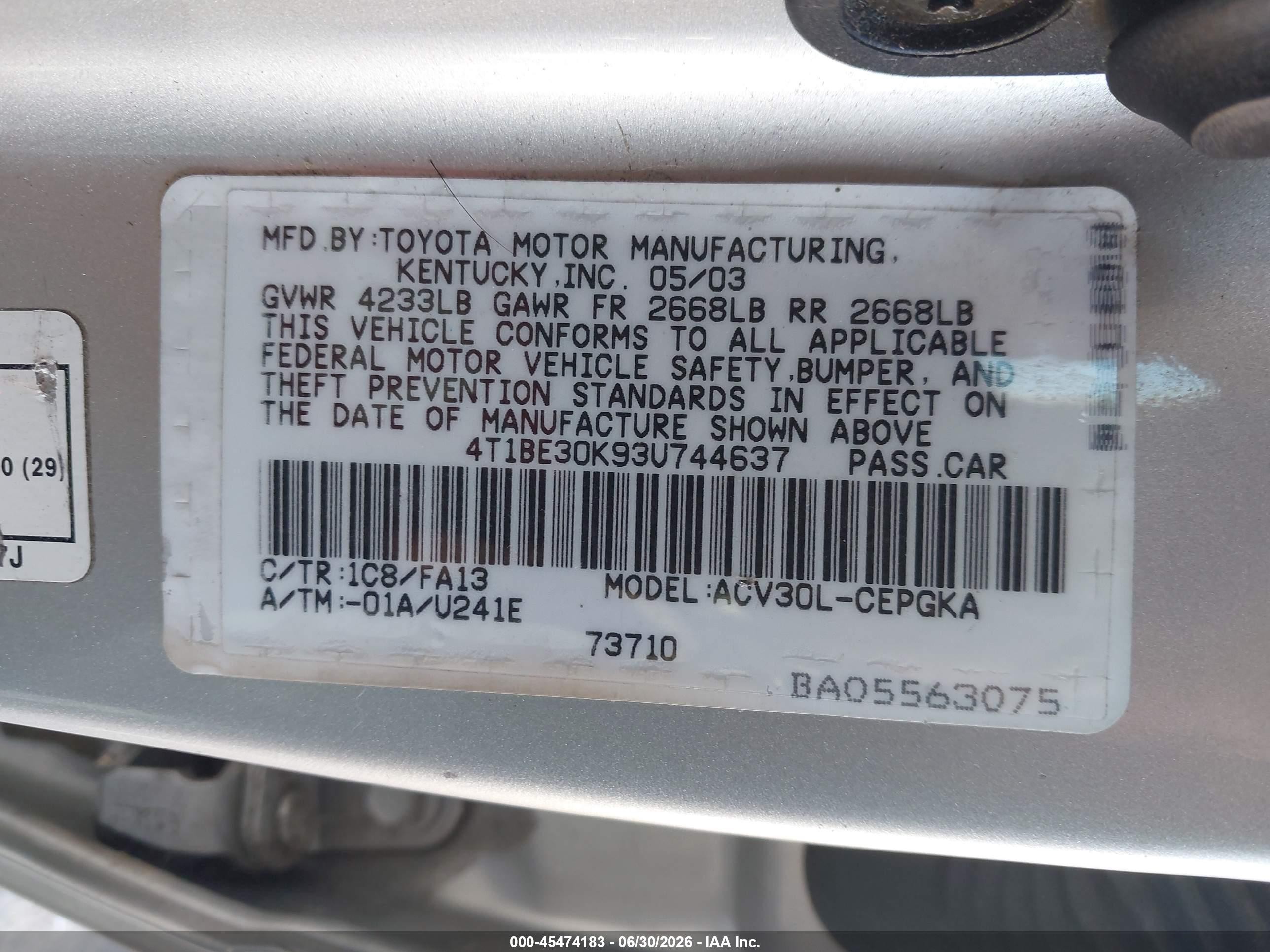 2003 Toyota Camry Xle Silver vin: 4T1BE30K93U744637