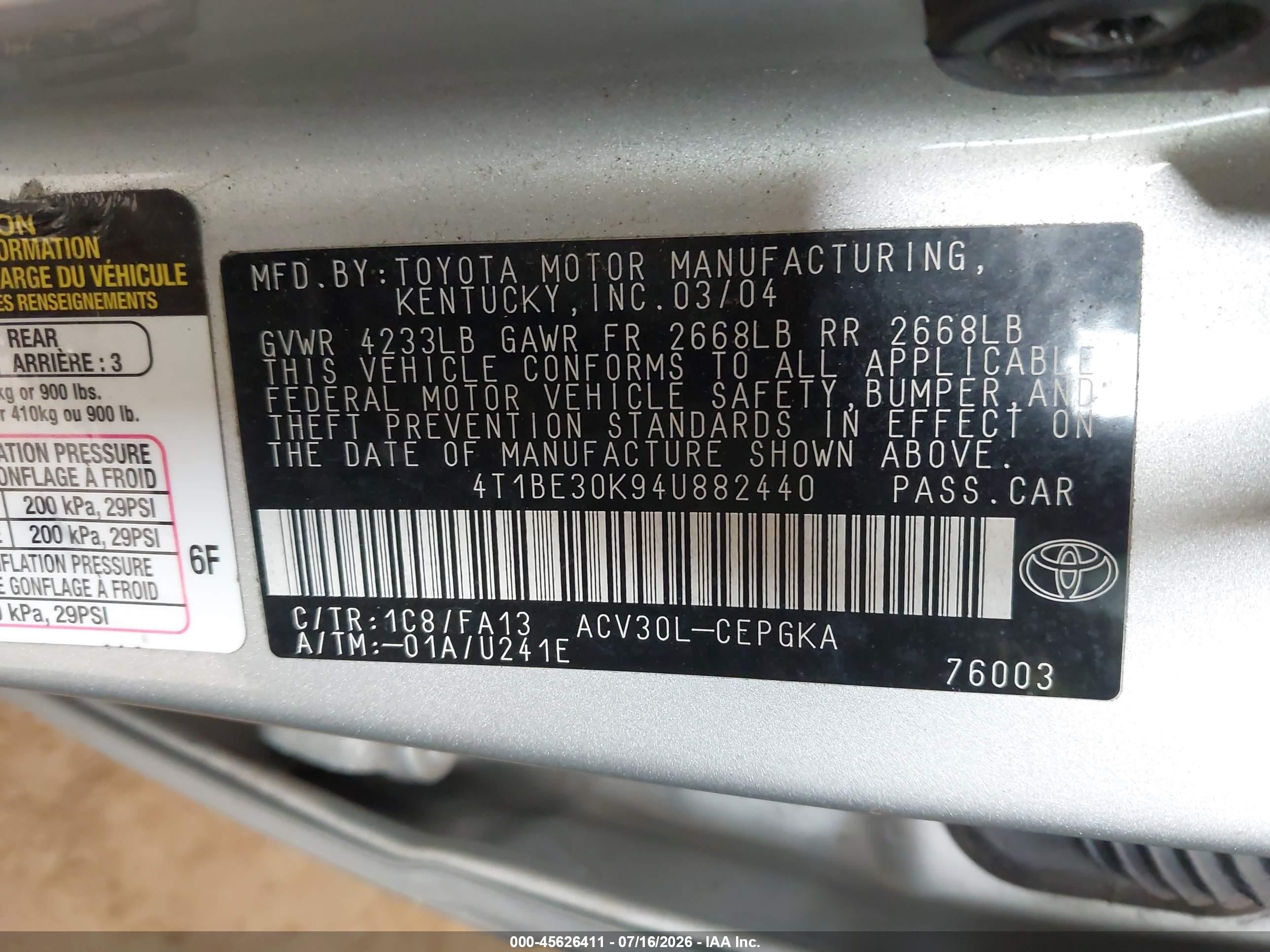 2004 Toyota Camry Xle Silver vin: 4T1BE30K94U882440