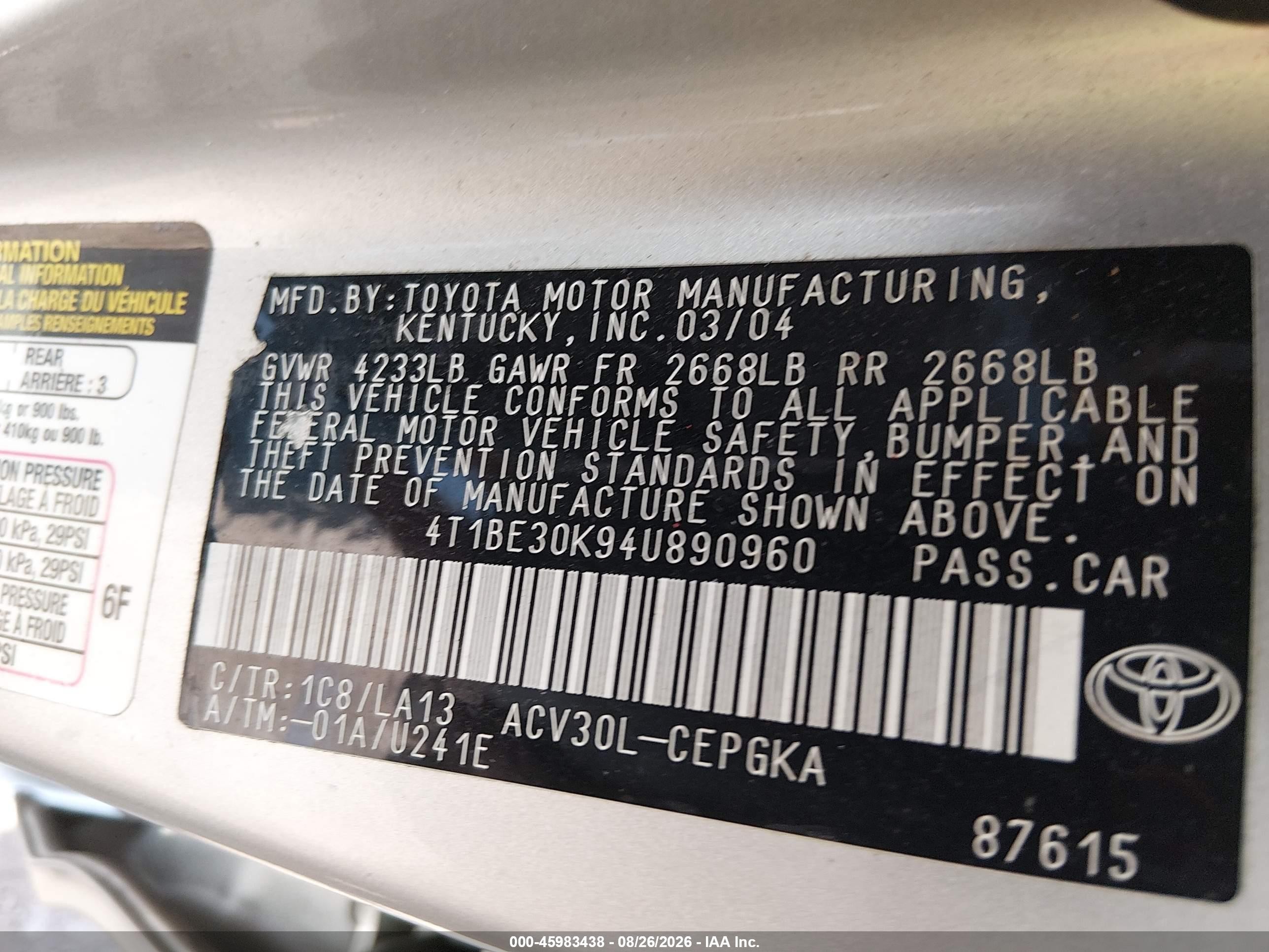 2004 Toyota Camry Xle Silver vin: 4T1BE30K94U890960
