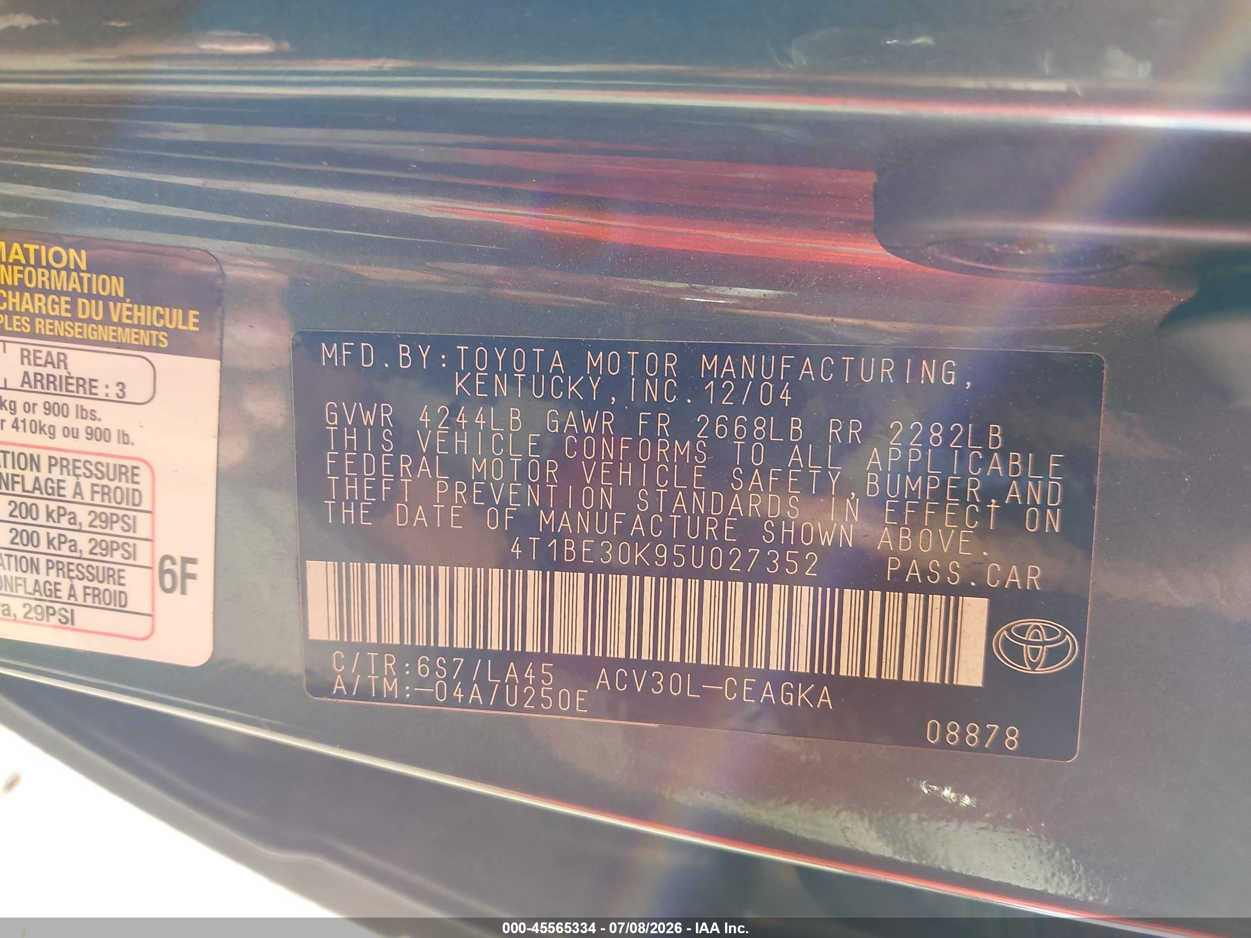 2005 Toyota Camry Xle Зеленый vin: 4T1BE30K95U027352