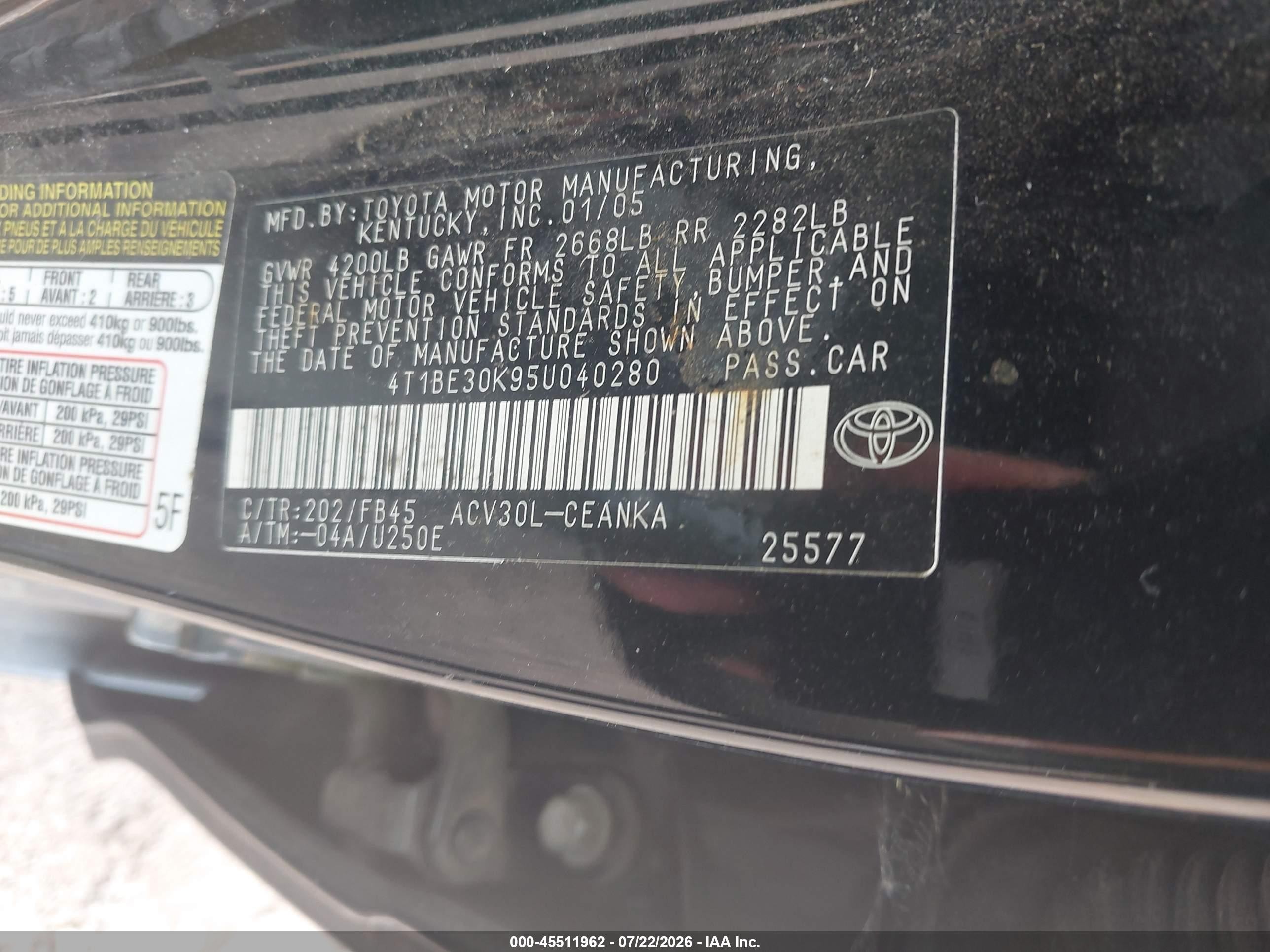2005 Toyota Camry Le Black vin: 4T1BE30K95U040280