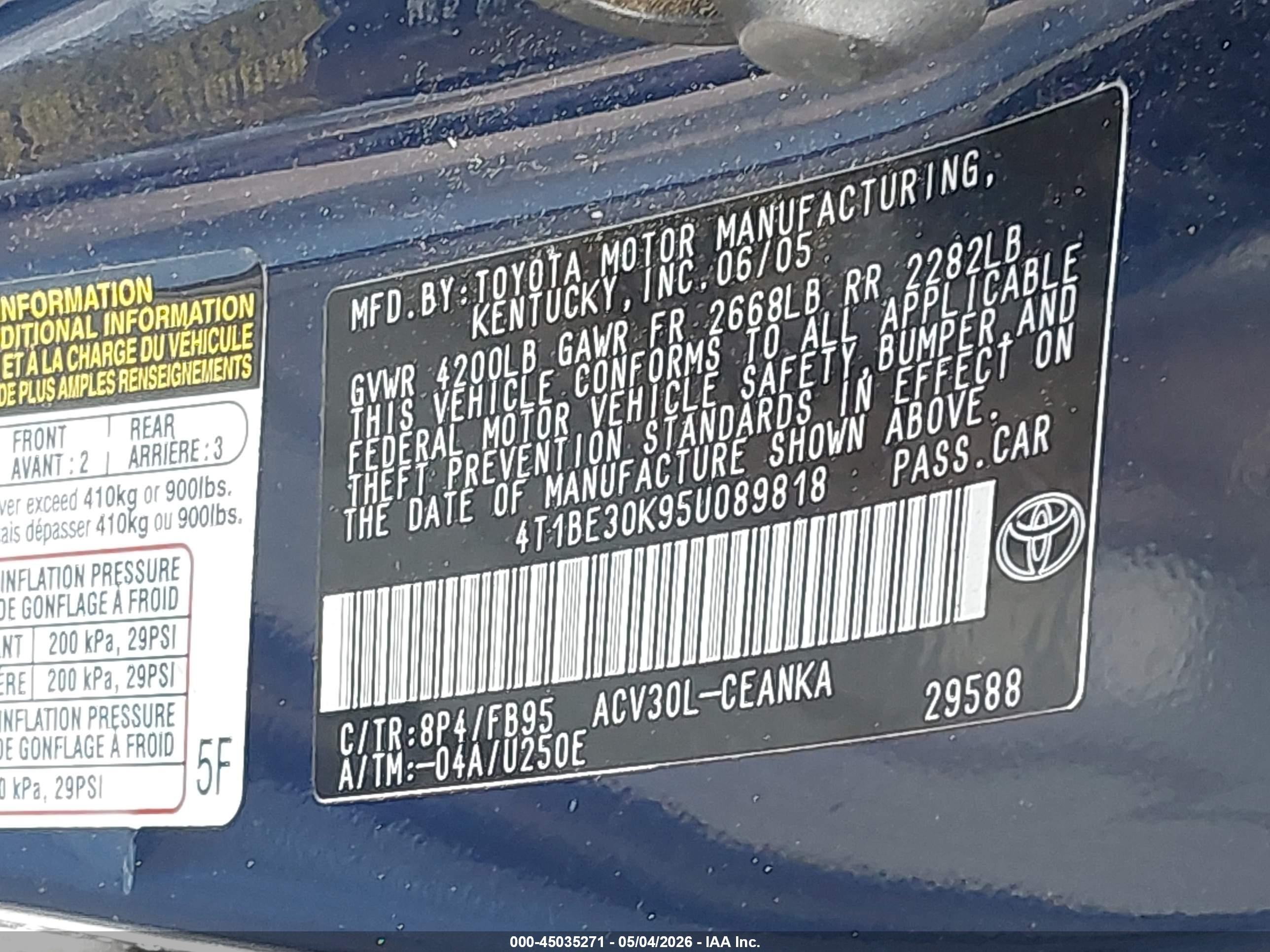 2005 Toyota Camry Le Blue vin: 4T1BE30K95U089818