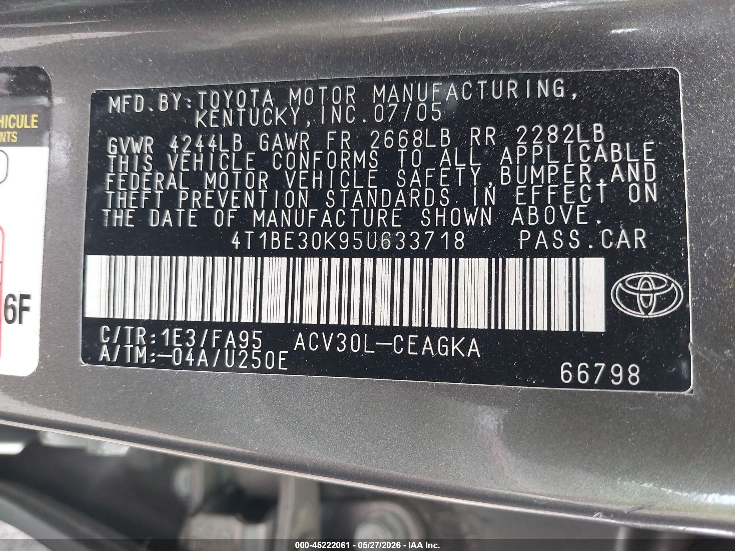 2005 Toyota Camry Xle Gray vin: 4T1BE30K95U633718