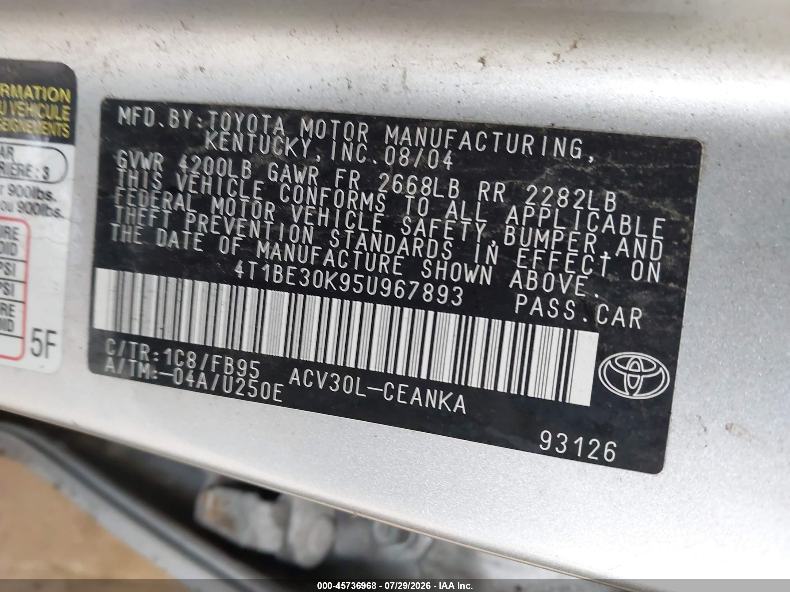 2005 Toyota Camry Le Silver vin: 4T1BE30K95U967893