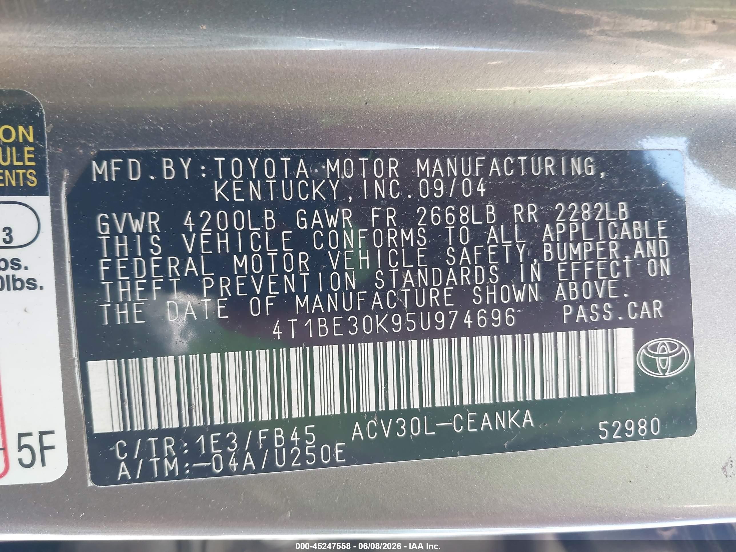 2005 Toyota Camry Le Gray vin: 4T1BE30K95U974696