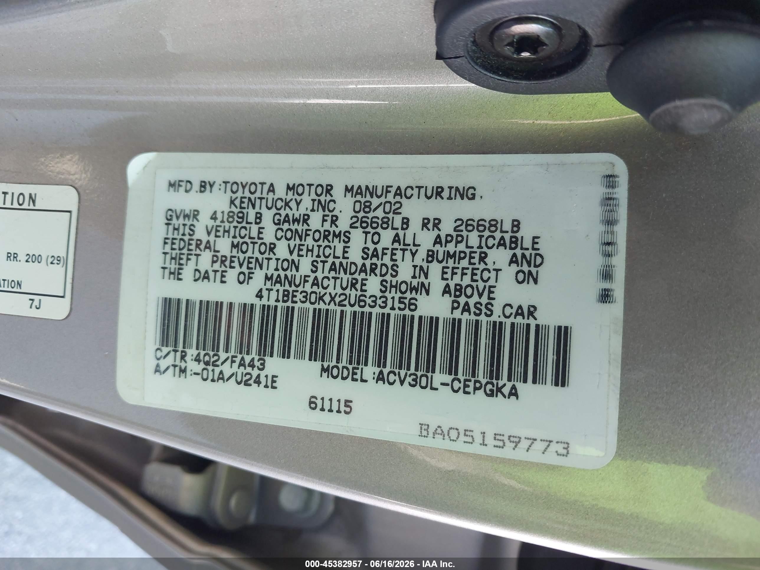 2002 Toyota Camry Xle Brown vin: 4T1BE30KX2U633156