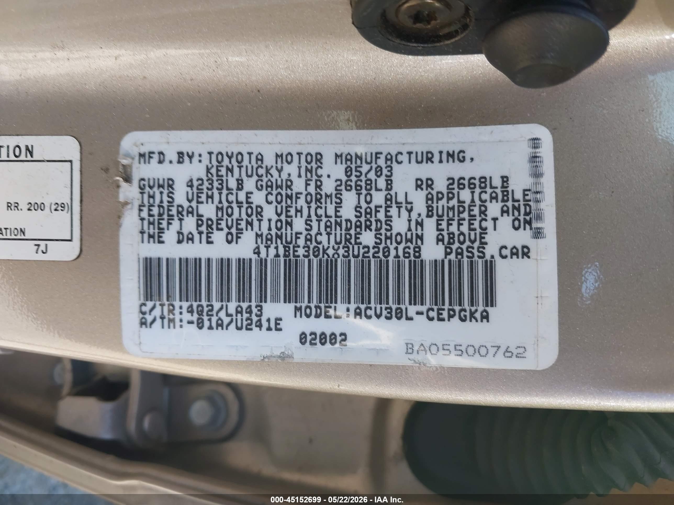 2003 Toyota Camry Xle Gold vin: 4T1BE30KX3U220168