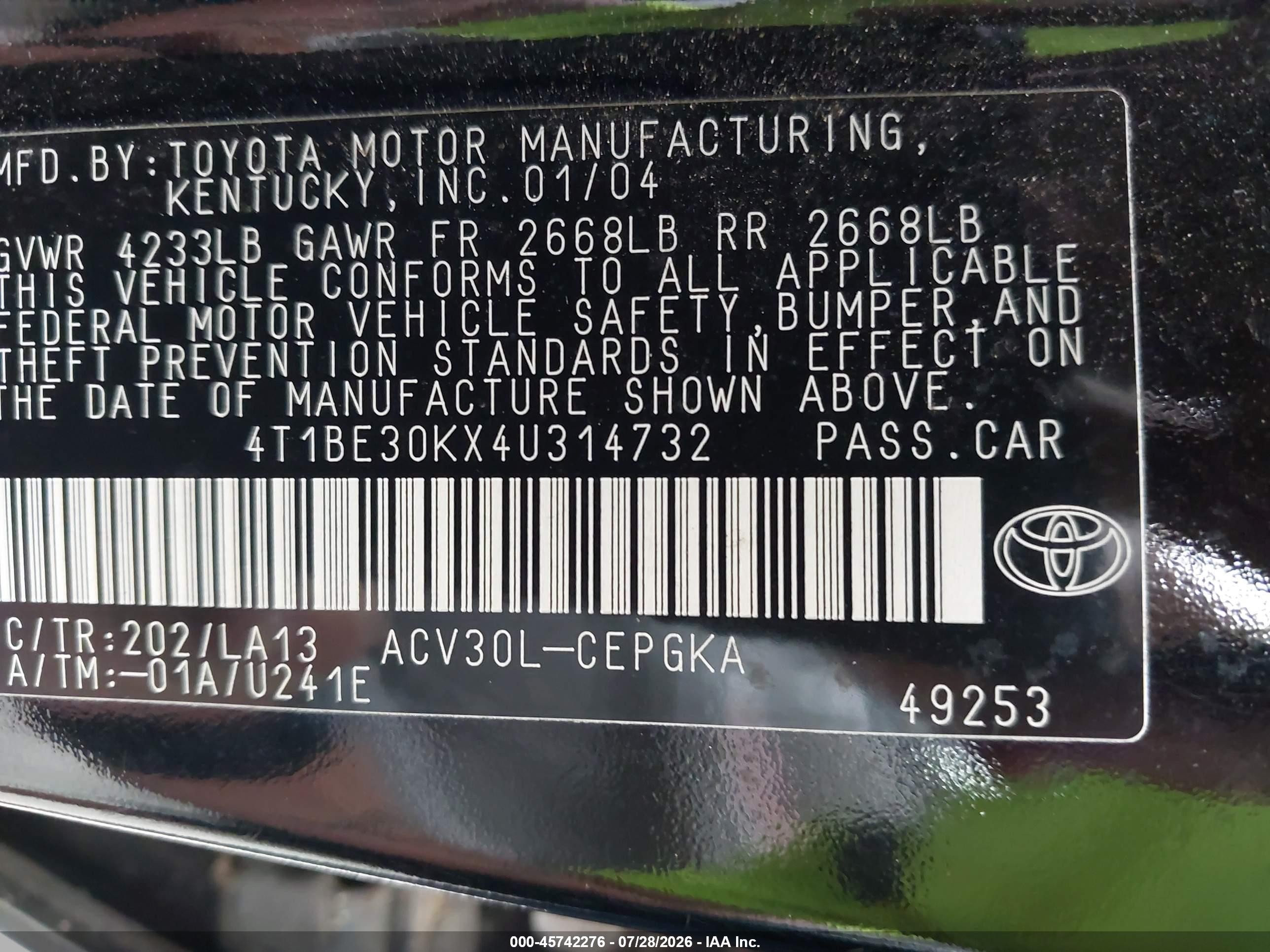 2004 Toyota Camry Xle Черный vin: 4T1BE30KX4U314732