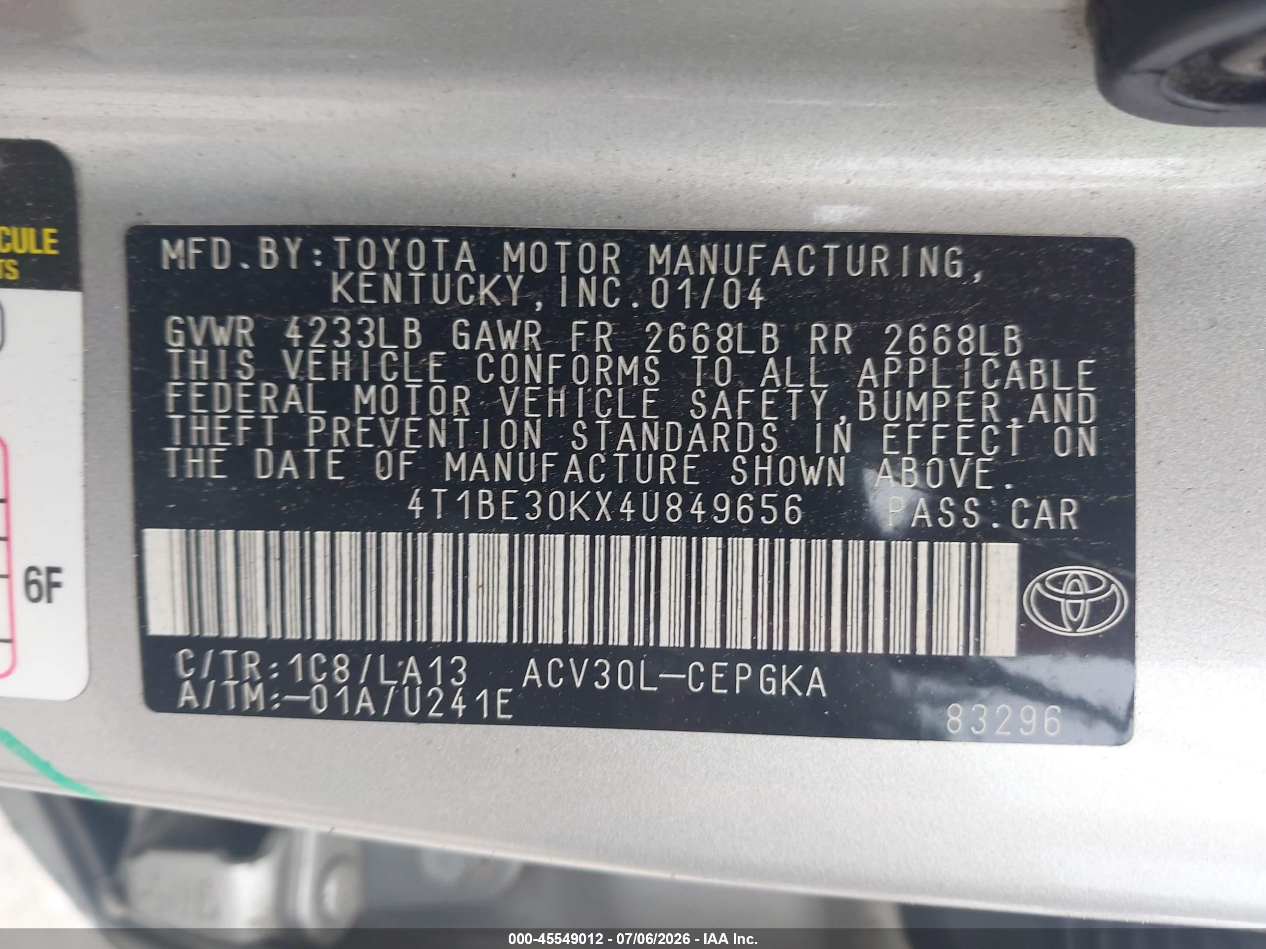2004 Toyota Camry Xle Silver vin: 4T1BE30KX4U849656