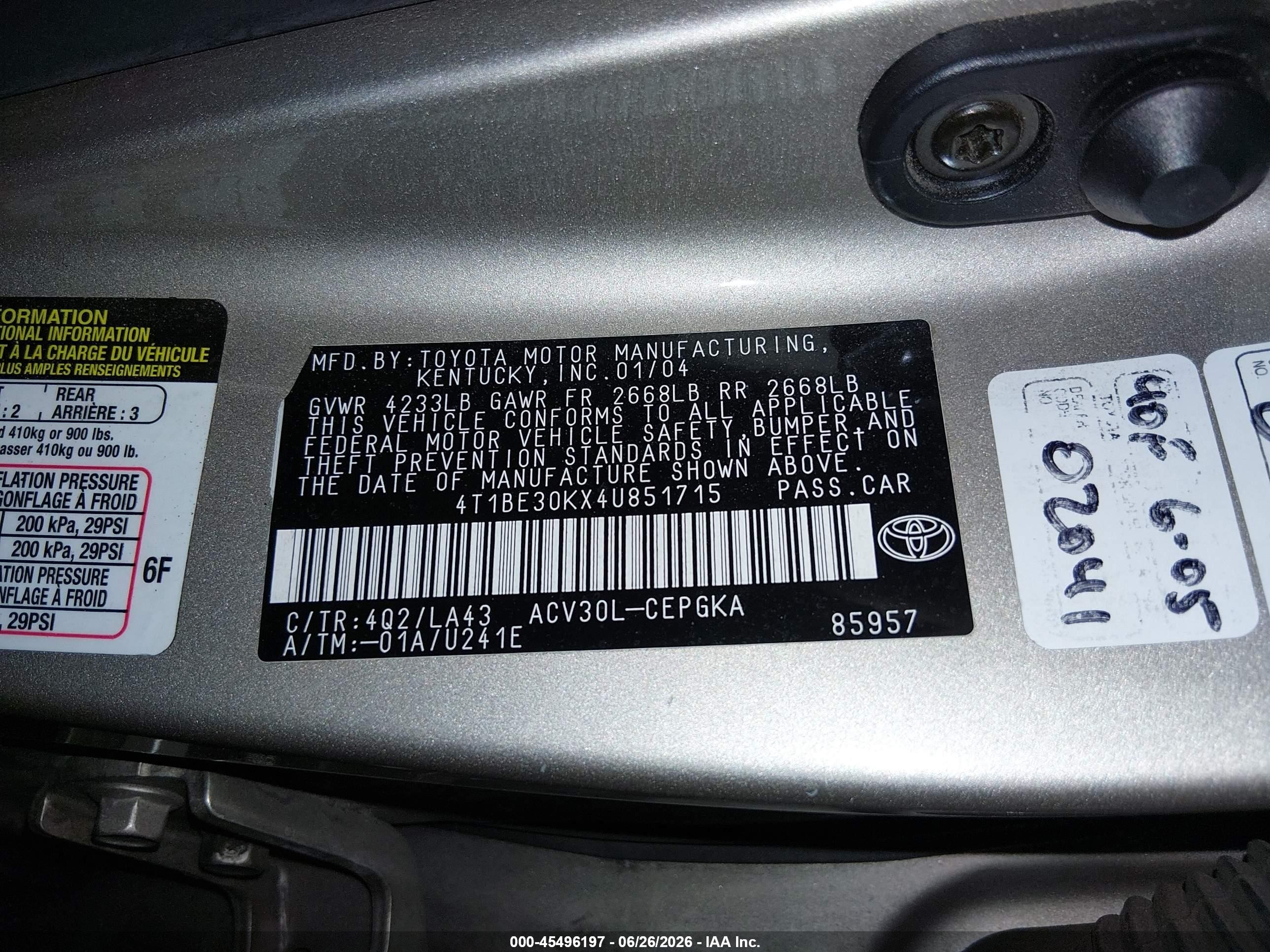 2004 Toyota Camry Xle Champagne vin: 4T1BE30KX4U851715