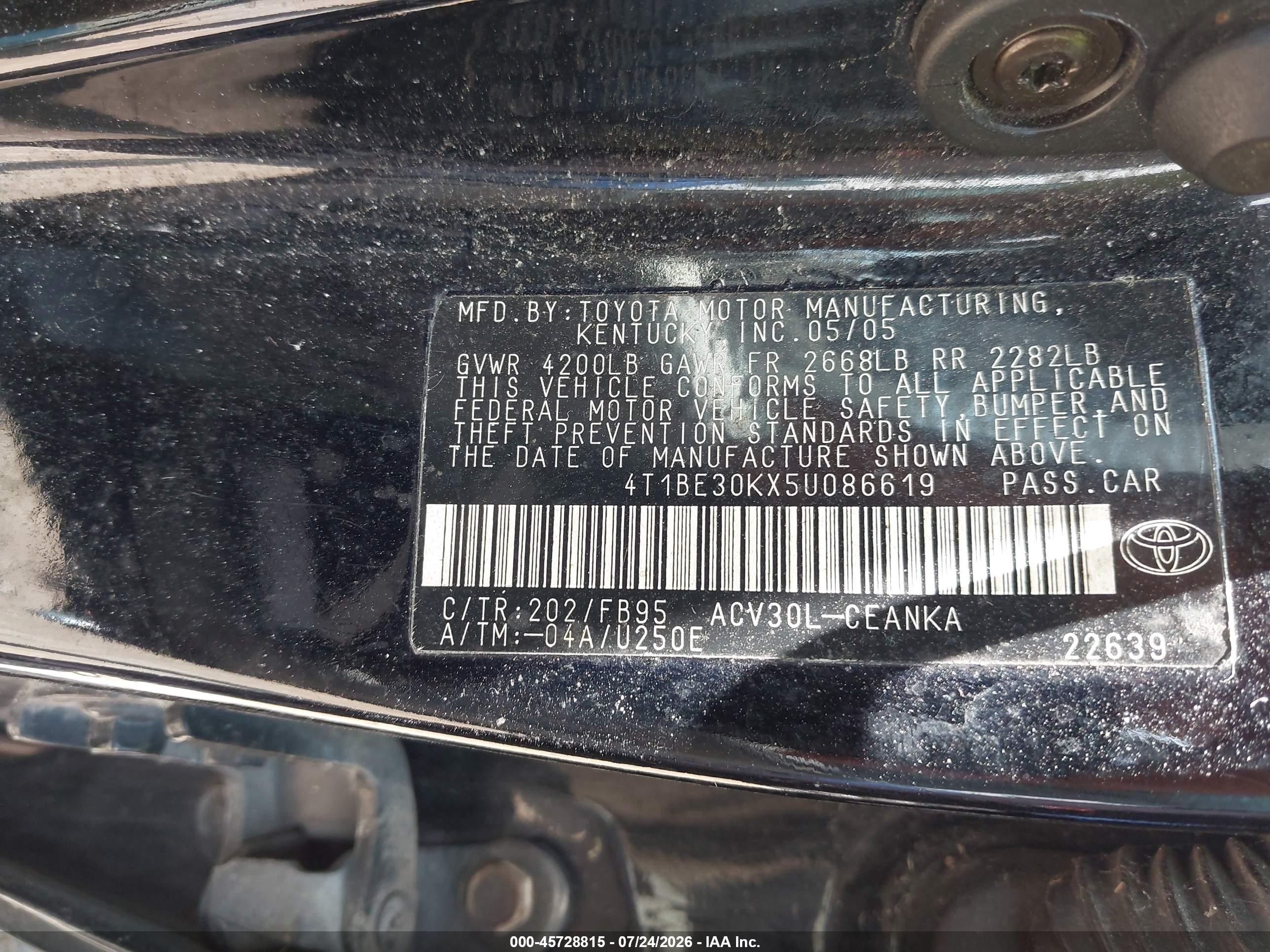 2005 Toyota Camry Le Black vin: 4T1BE30KX5U086619