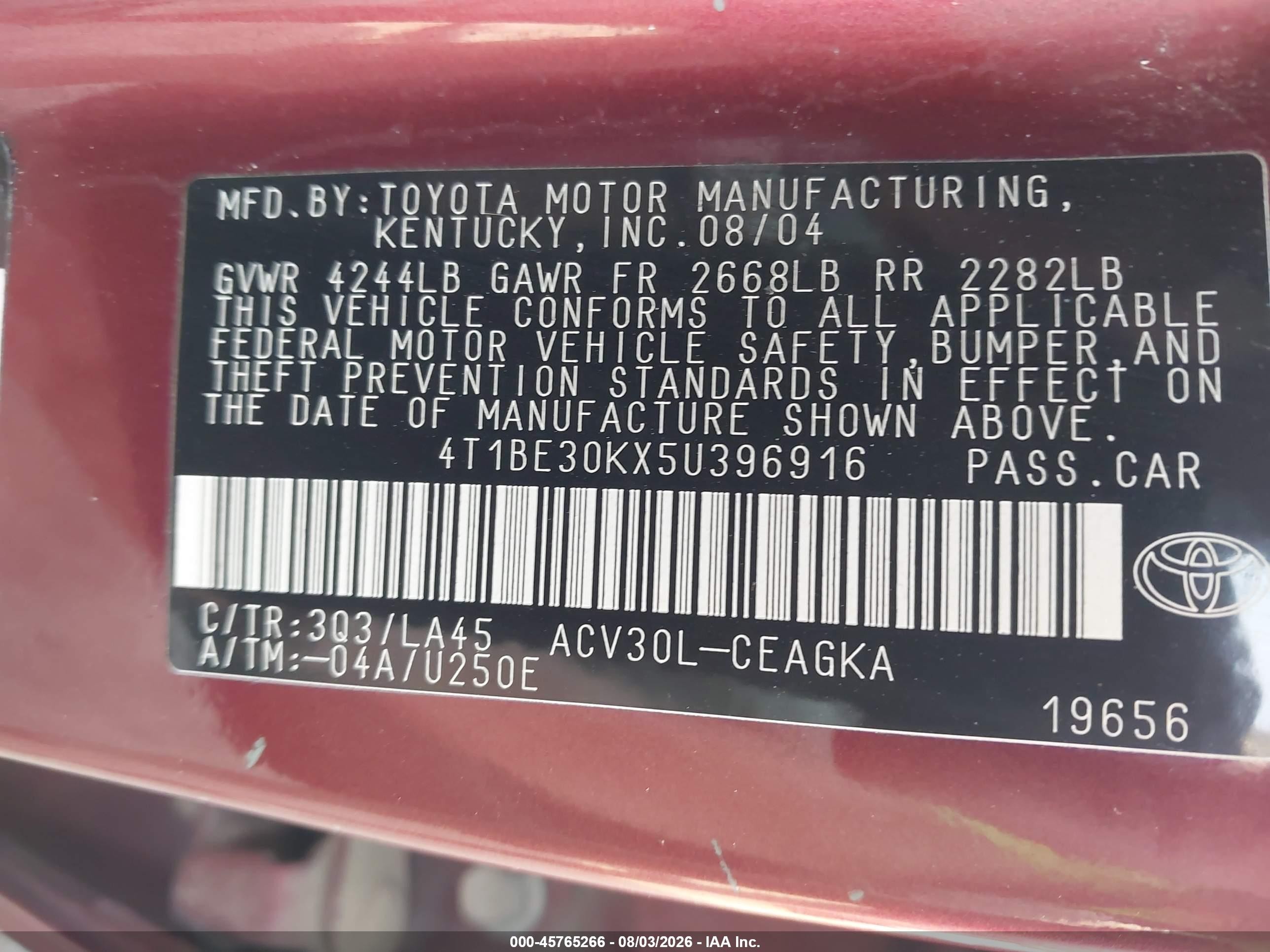 2005 Toyota Camry Xle Темно-бордовый vin: 4T1BE30KX5U396916