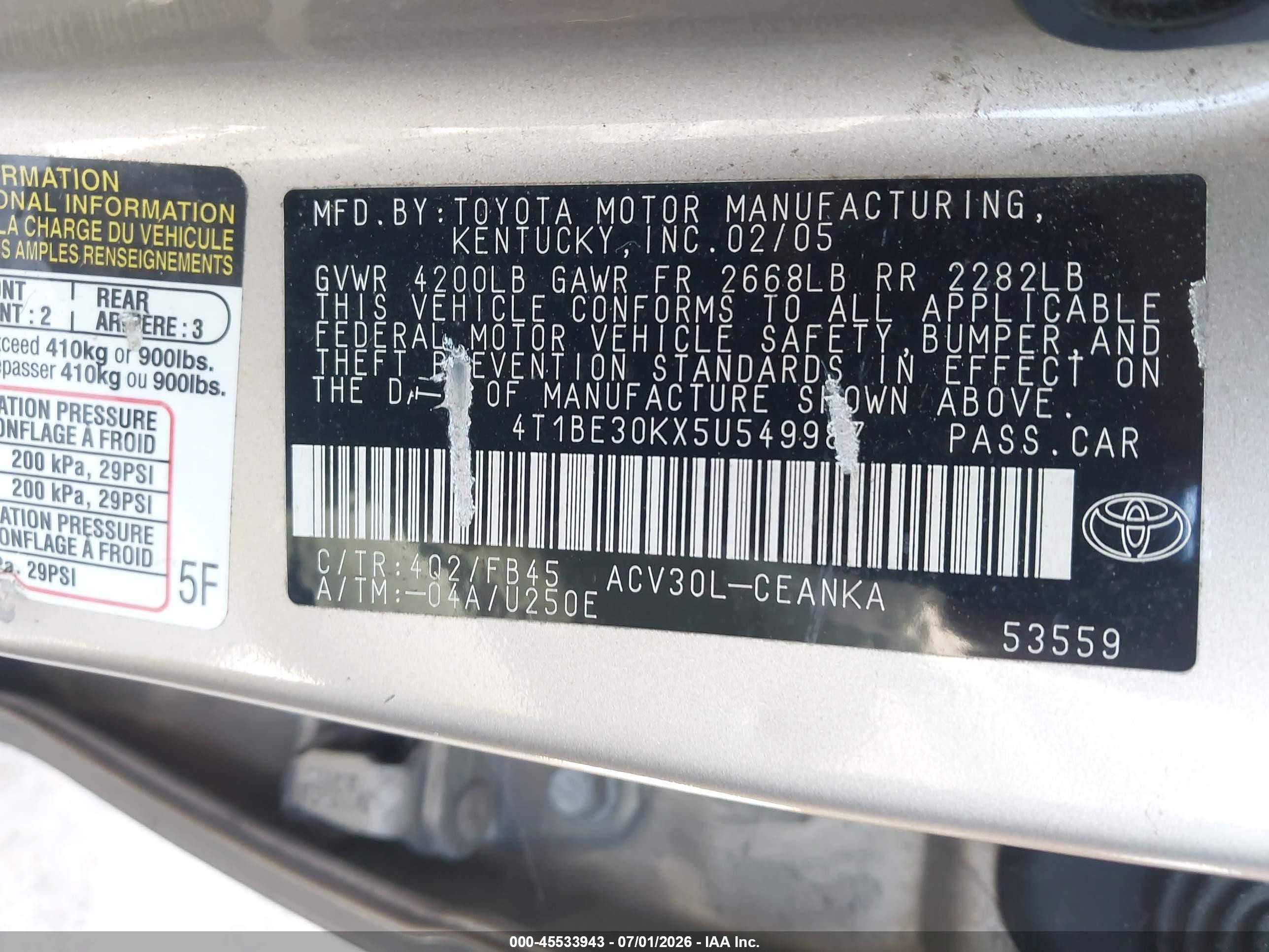 2005 Toyota Camry Le Золотой vin: 4T1BE30KX5U549987