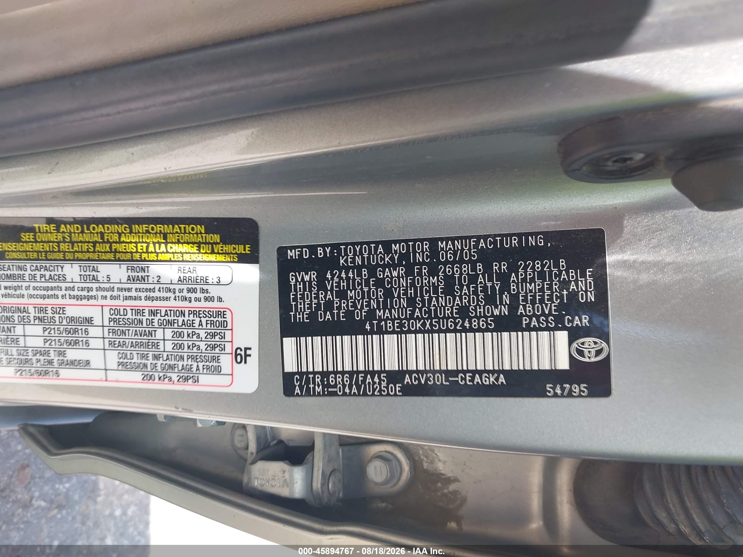 2005 Toyota Camry Xle Серый vin: 4T1BE30KX5U624865
