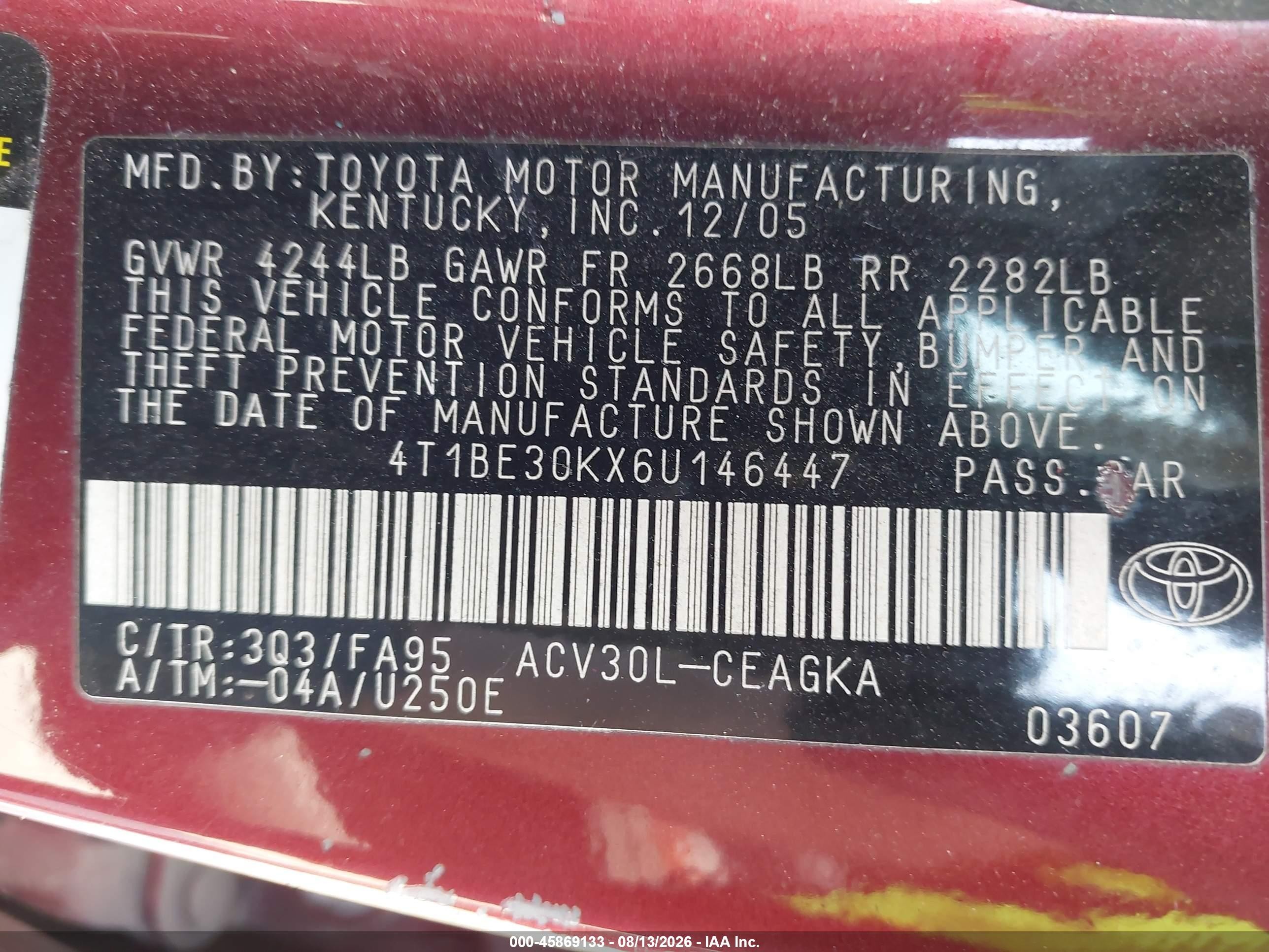 2006 Toyota Camry Xle Красный vin: 4T1BE30KX6U146447