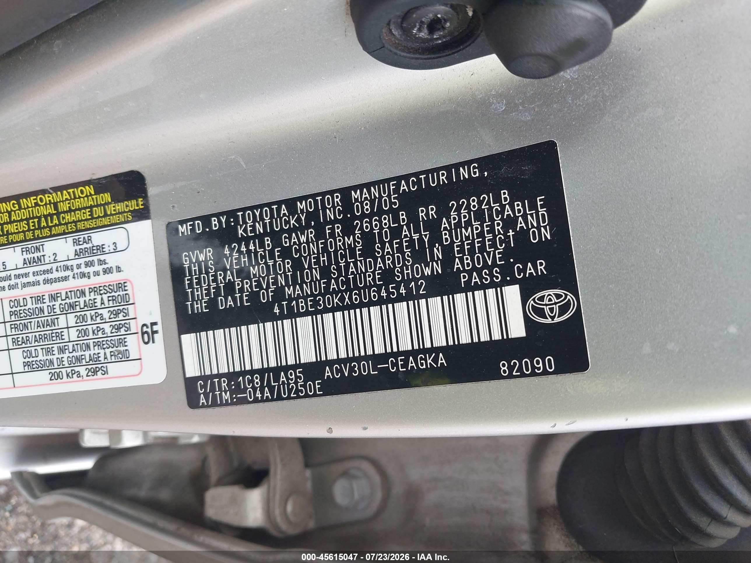 2006 Toyota Camry Xle Silver vin: 4T1BE30KX6U645412