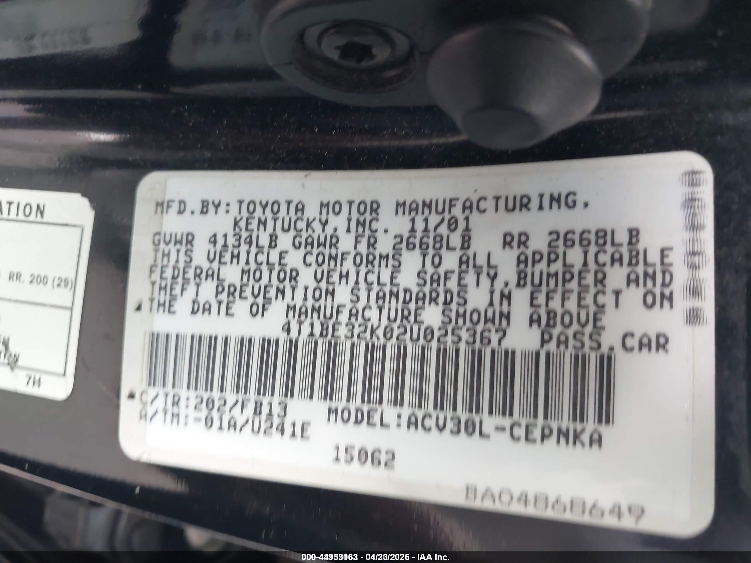 2002 Toyota Camry Le Черный vin: 4T1BE32K02U025367
