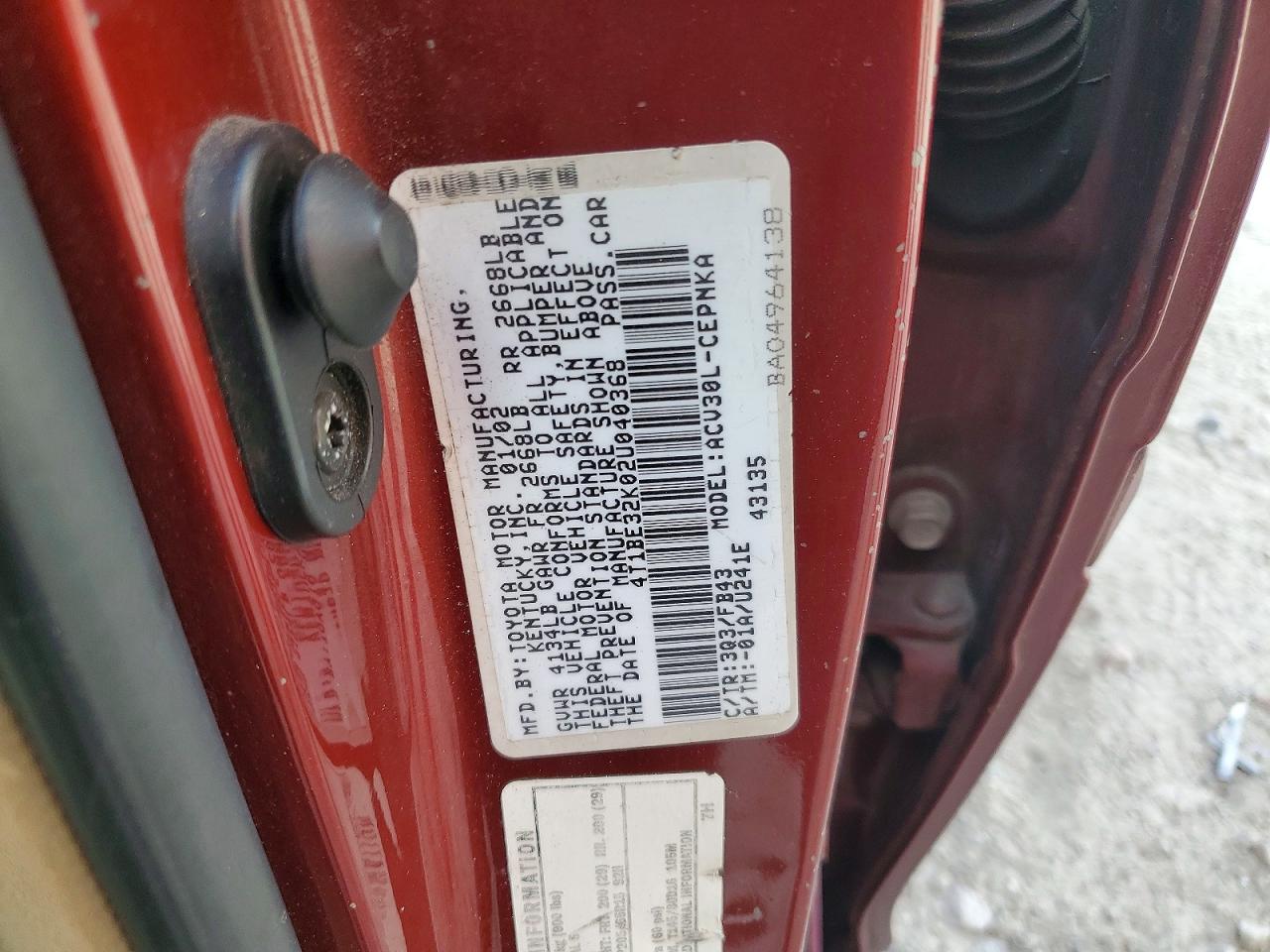 2002 Toyota Camry Le Burgundy vin: 4T1BE32K02U040368