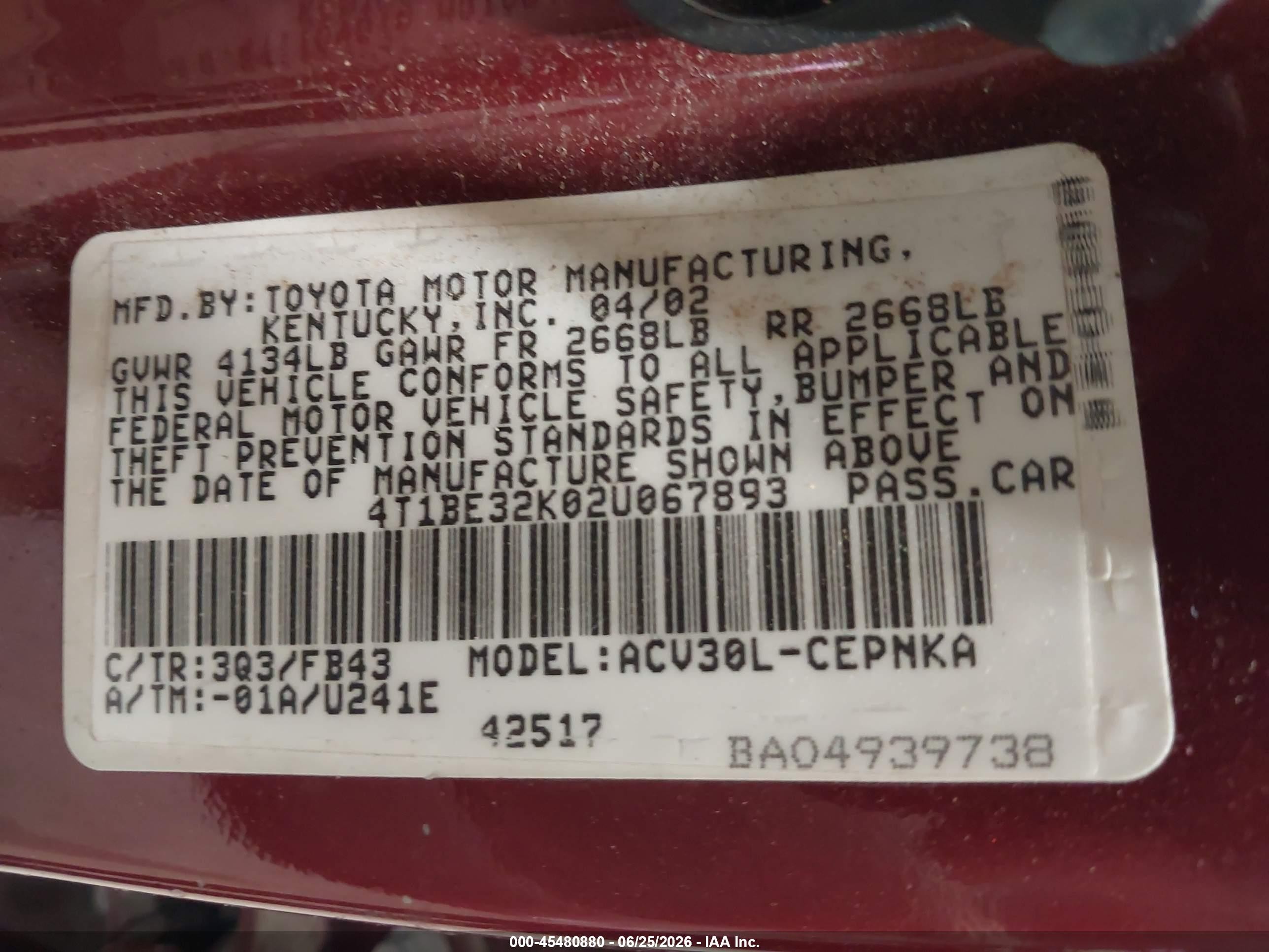 2002 Toyota Camry Le Maroon vin: 4T1BE32K02U067893