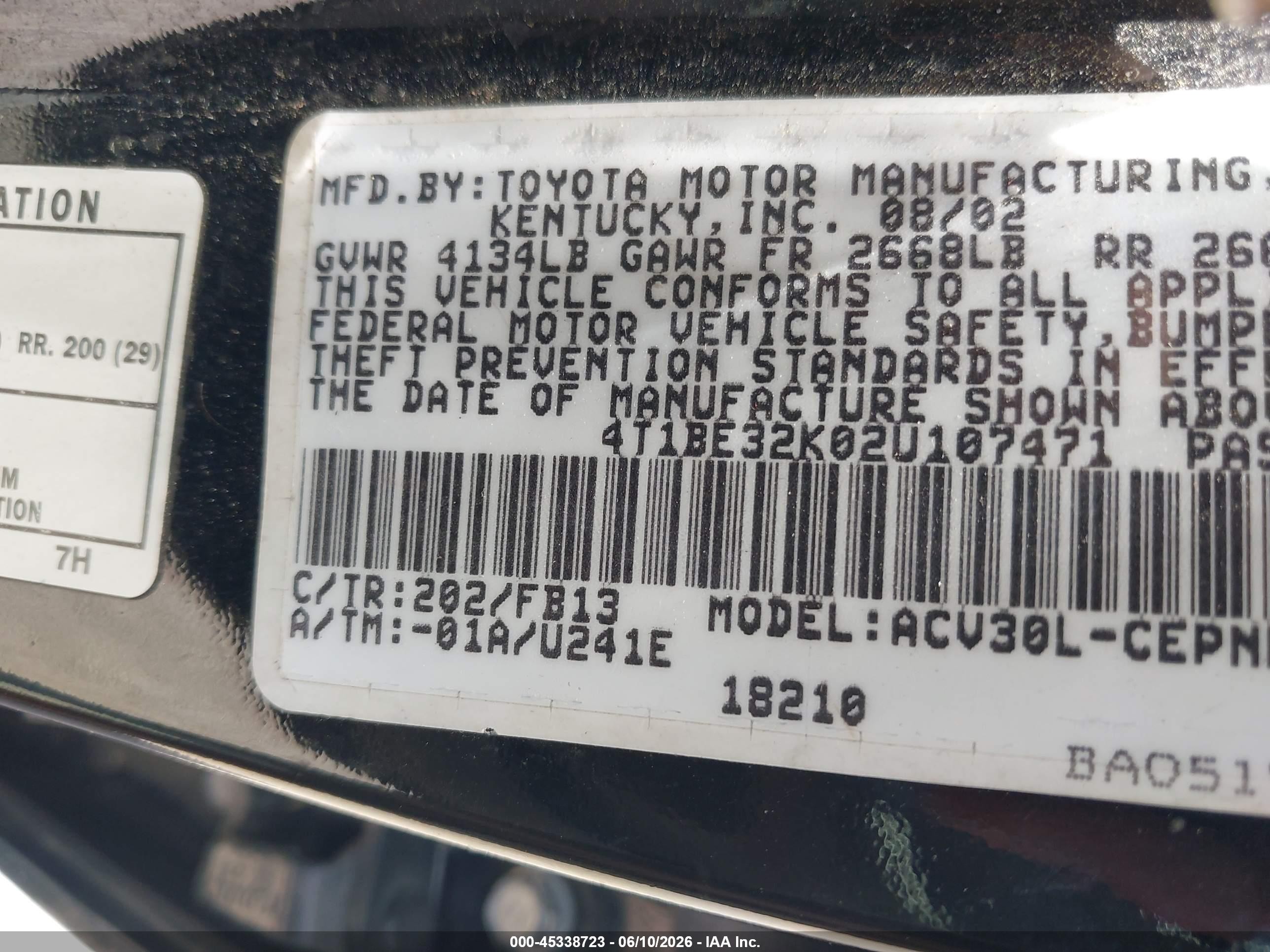 2002 Toyota Camry Le Black vin: 4T1BE32K02U107471
