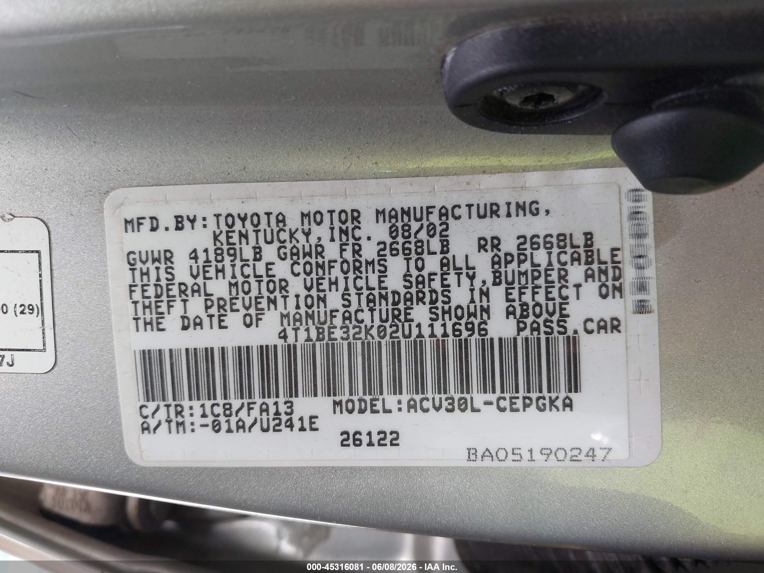 2002 Toyota Camry Xle Серебряный vin: 4T1BE32K02U111696