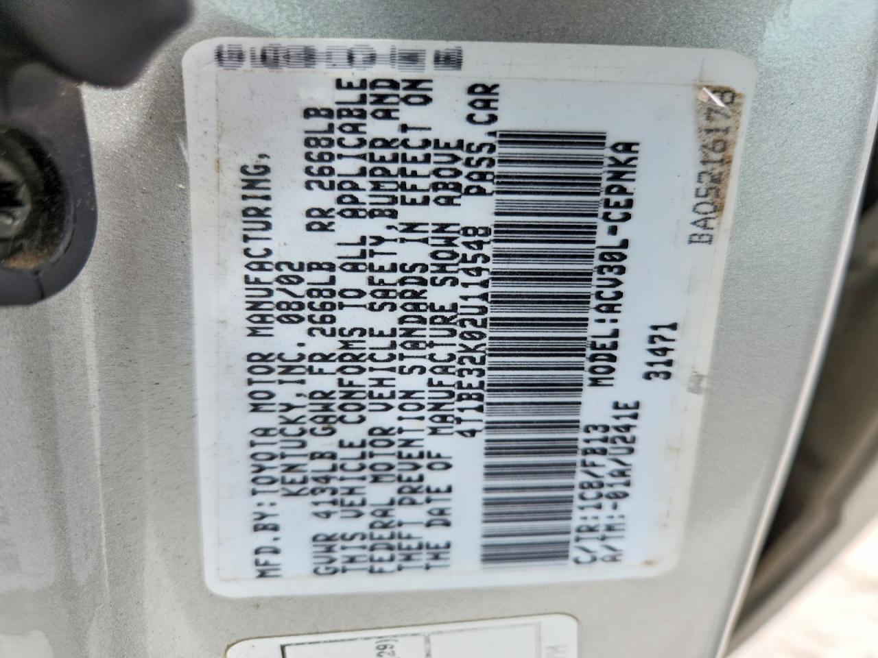 2002 Toyota Camry Le Silver vin: 4T1BE32K02U114548