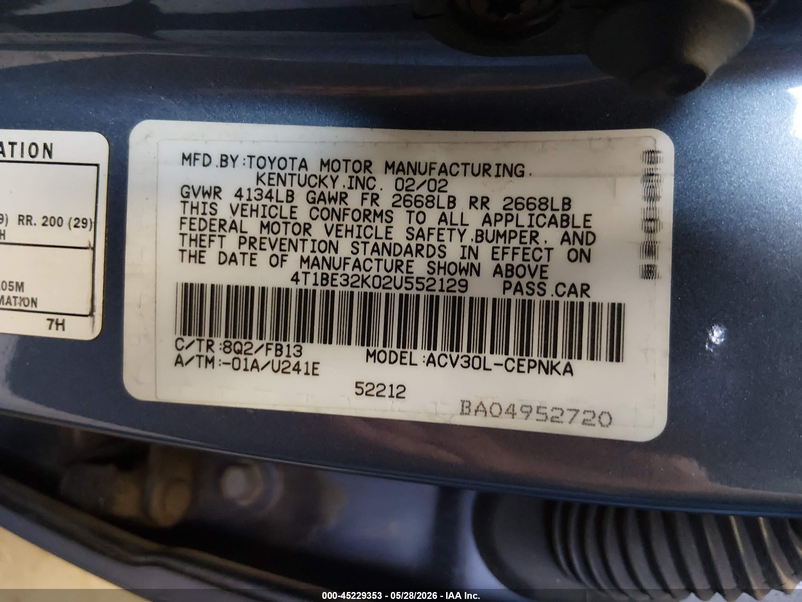 2002 Toyota Camry Le Blue vin: 4T1BE32K02U552129
