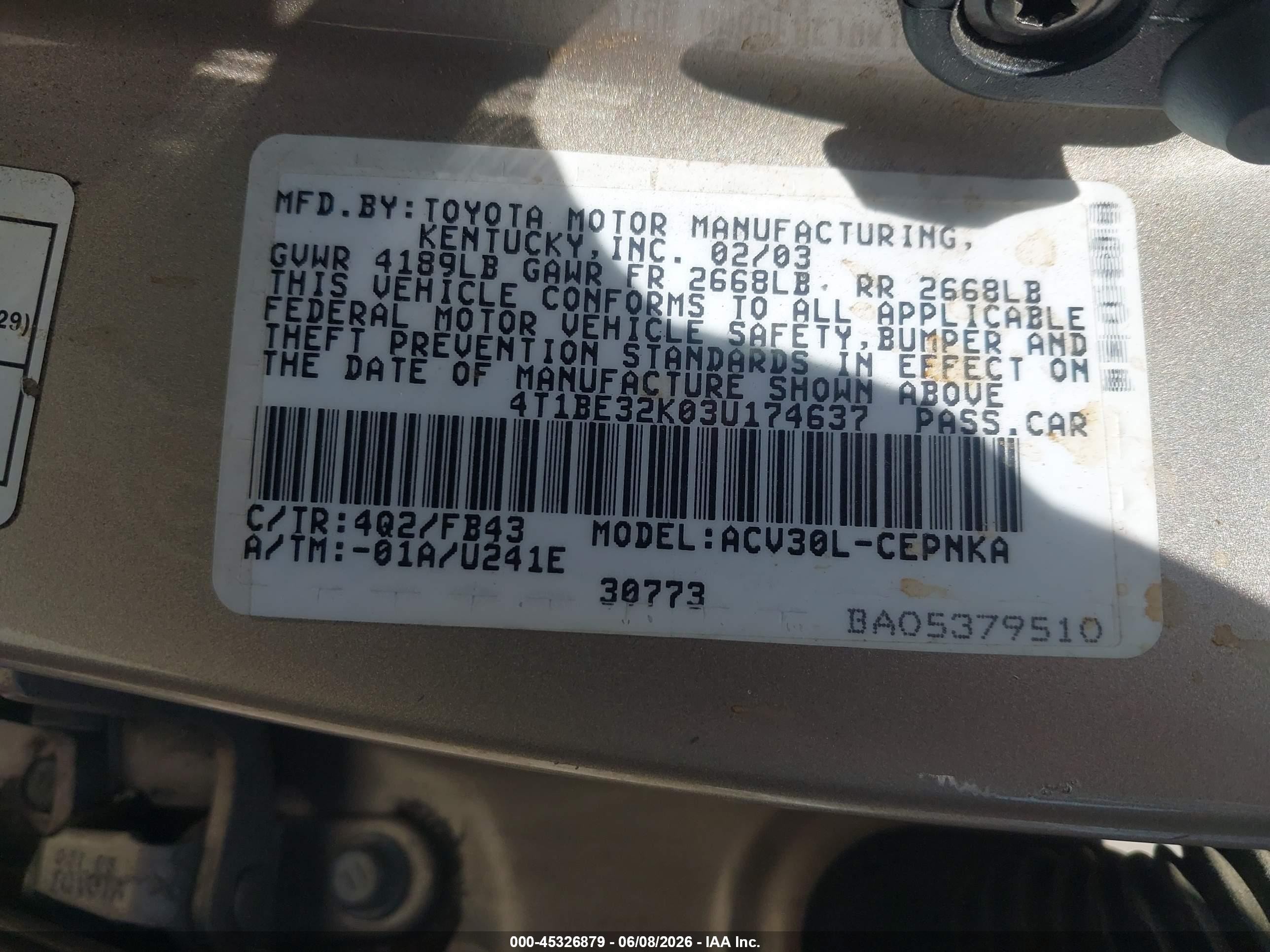 2003 Toyota Camry Le Champagne vin: 4T1BE32K03U174637