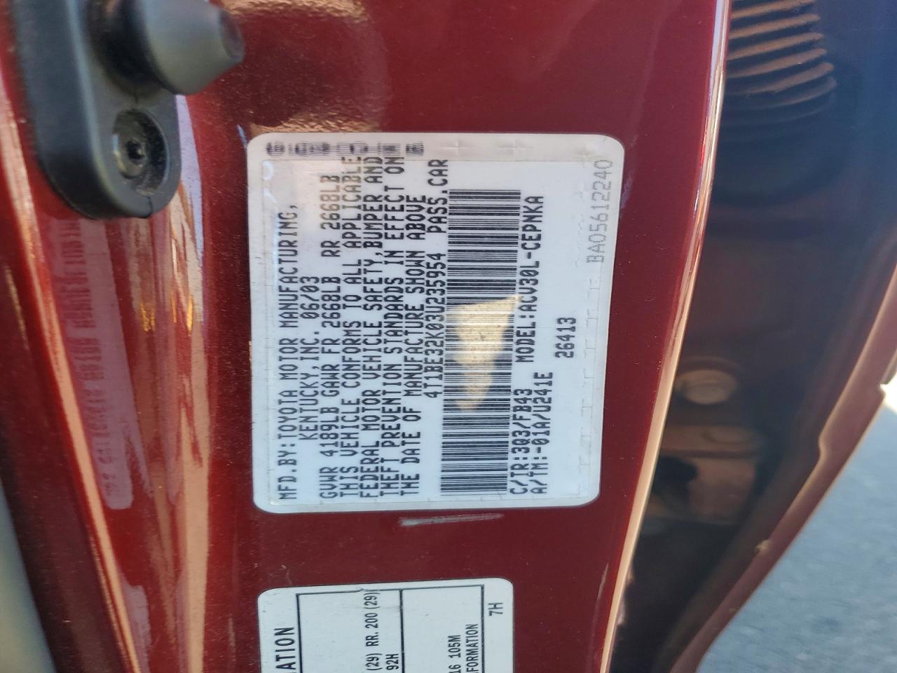 2003 Toyota Camry Le Burgundy vin: 4T1BE32K03U235954