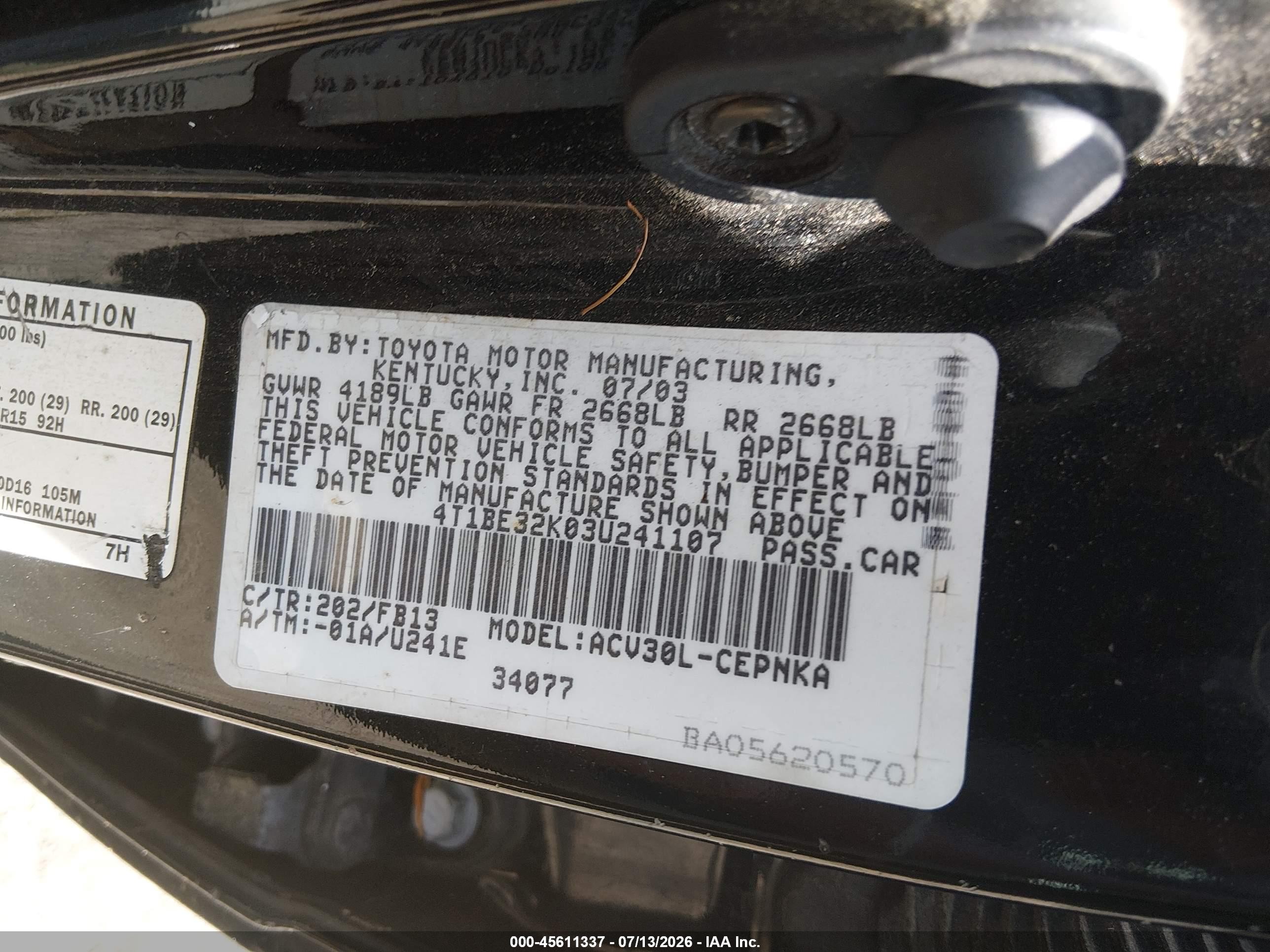 2003 Toyota Camry Le Черный vin: 4T1BE32K03U241107