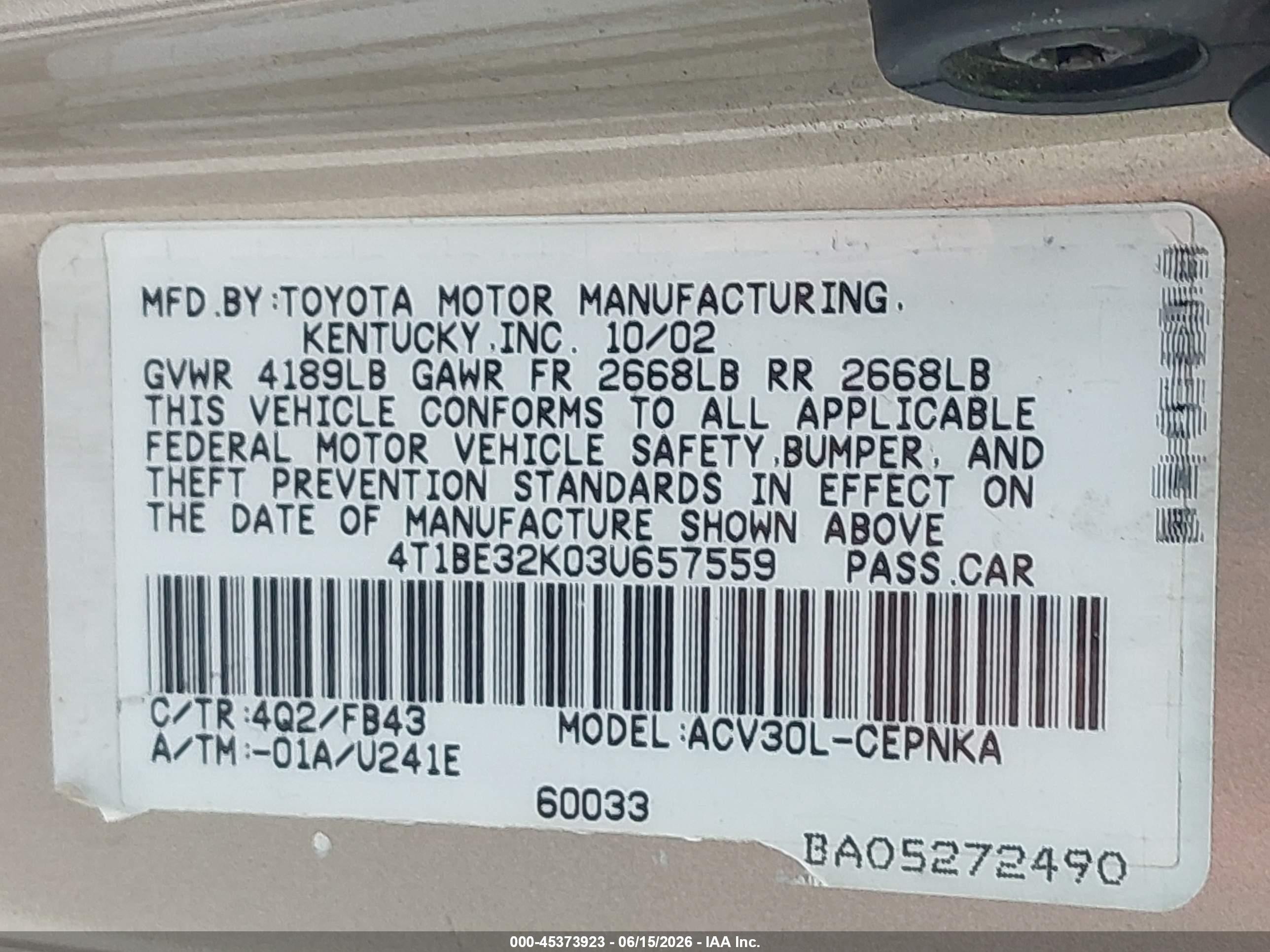 2003 Toyota Camry Le Beige vin: 4T1BE32K03U657559