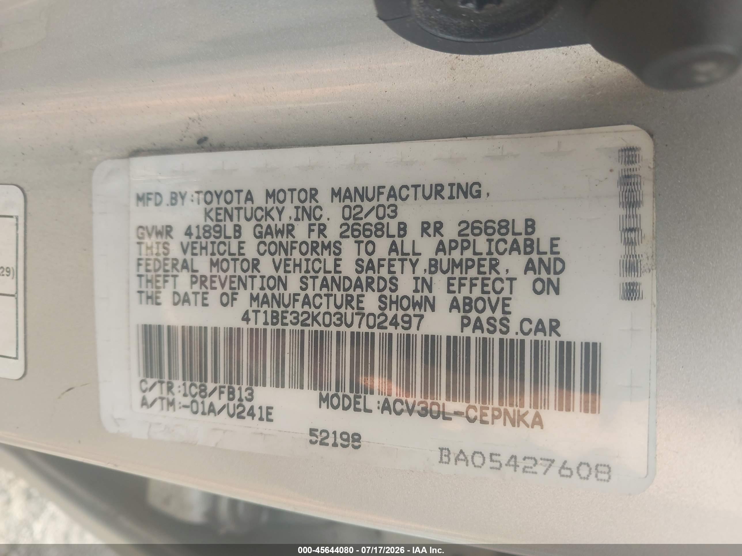 2003 Toyota Camry Le Gray vin: 4T1BE32K03U702497