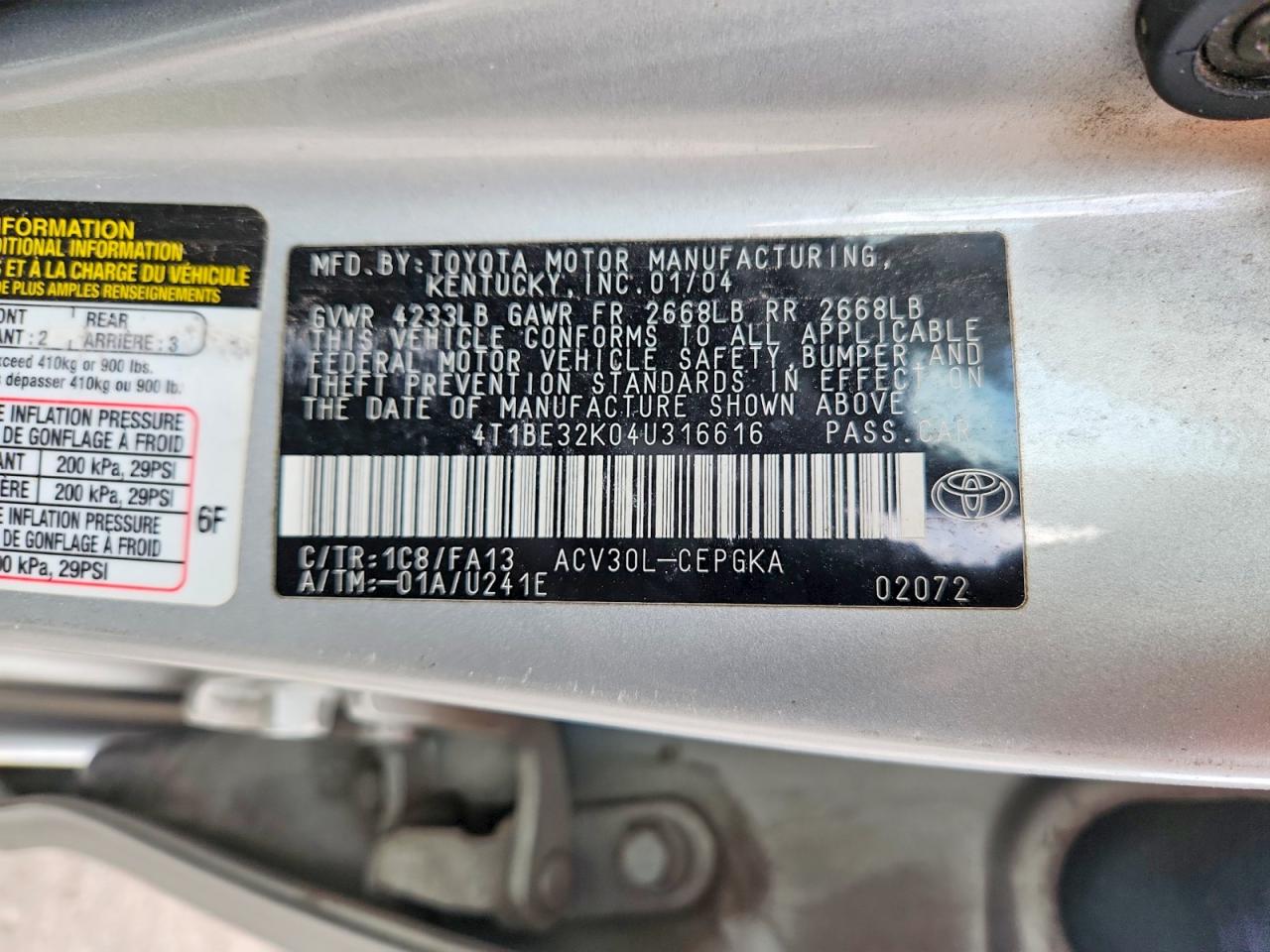2004 Toyota Camry Xle Gray vin: 4T1BE32K04U316616