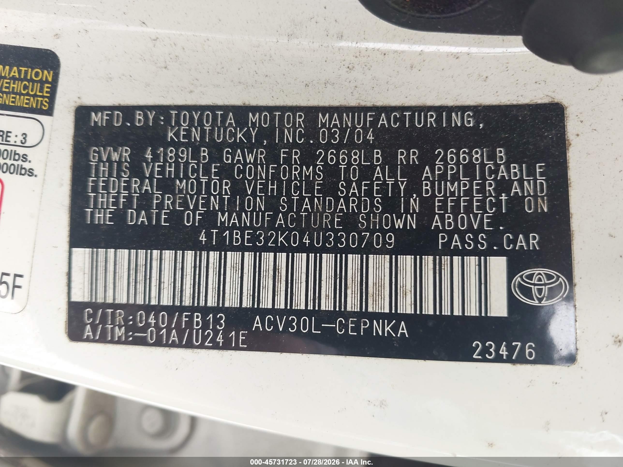 2004 Toyota Camry Le White vin: 4T1BE32K04U330709