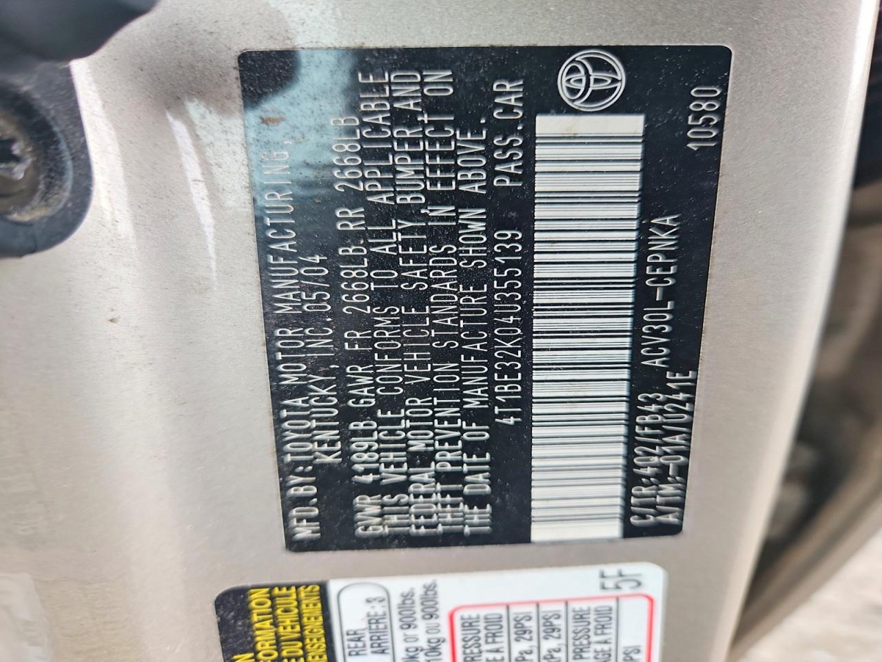 2004 Toyota Camry Le Золотой vin: 4T1BE32K04U355139