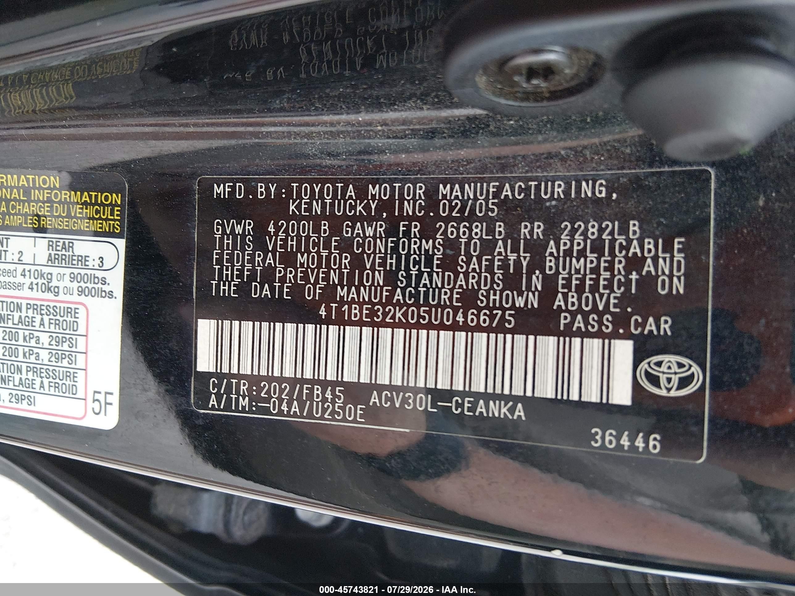 2005 Toyota Camry Le Black vin: 4T1BE32K05U046675