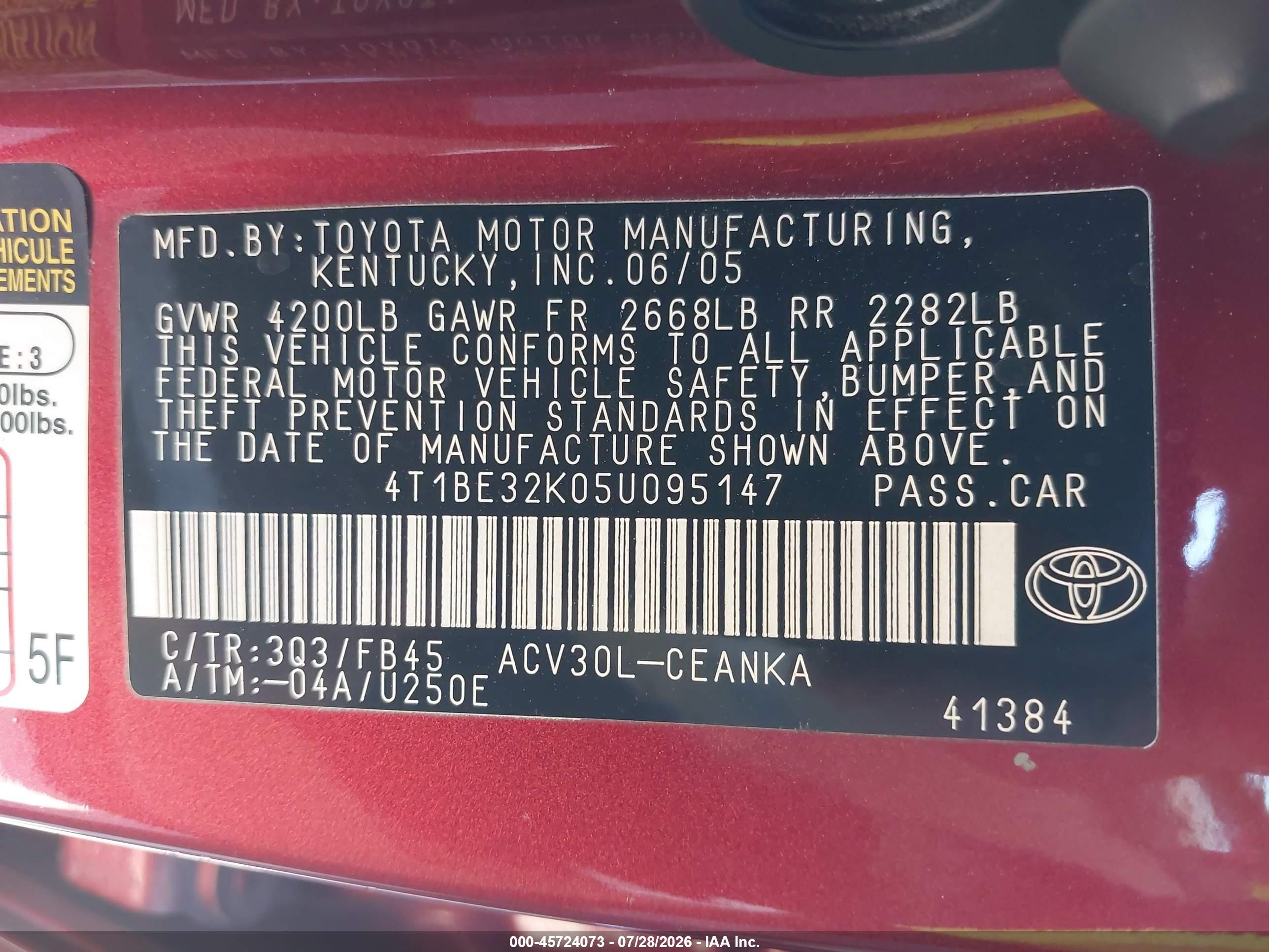 2005 Toyota Camry Le Красный vin: 4T1BE32K05U095147